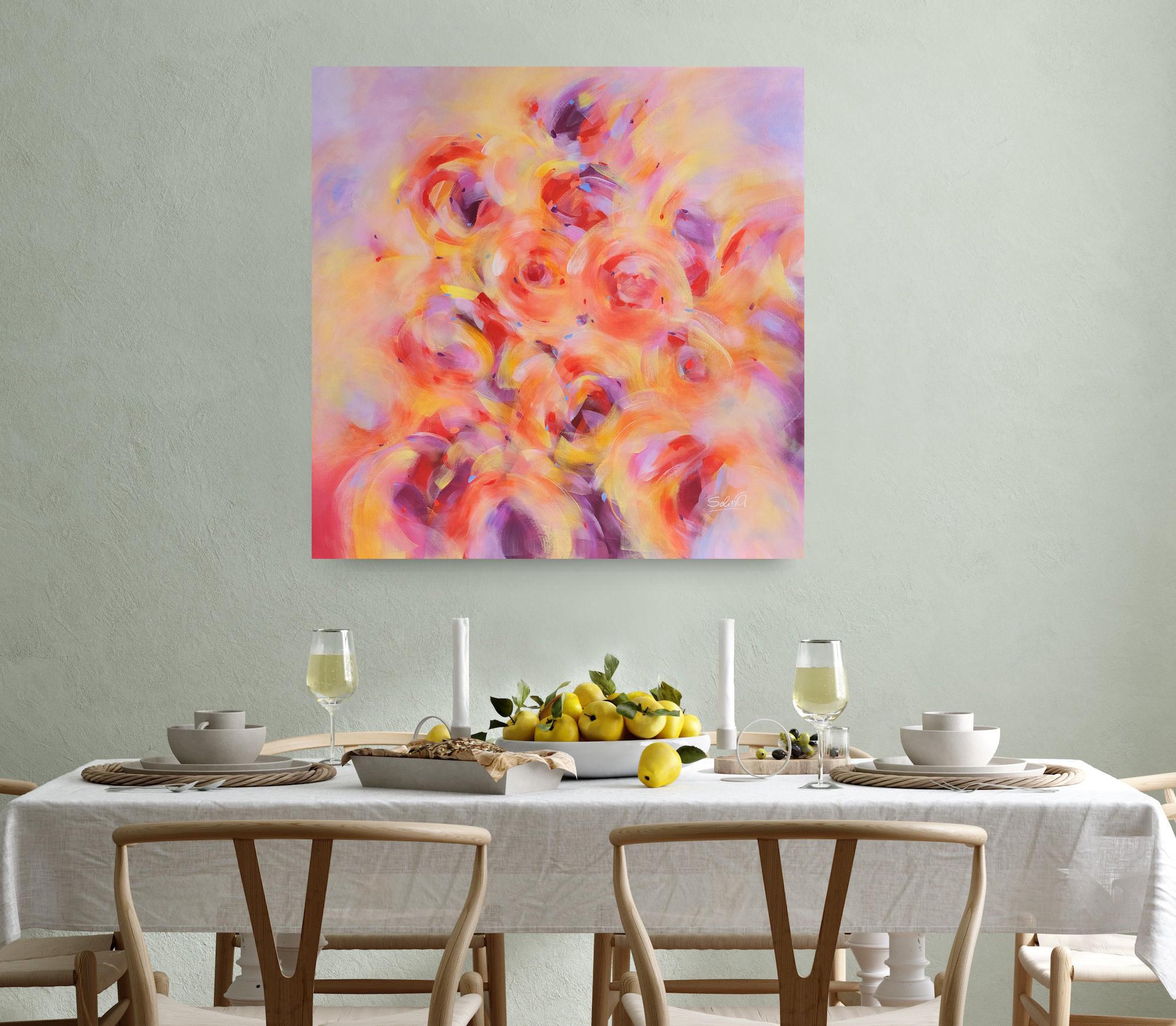 Abstract roses. Modern colorful abstract painting 100x100 cm - Beige Abstract Painting by Anna Selina
