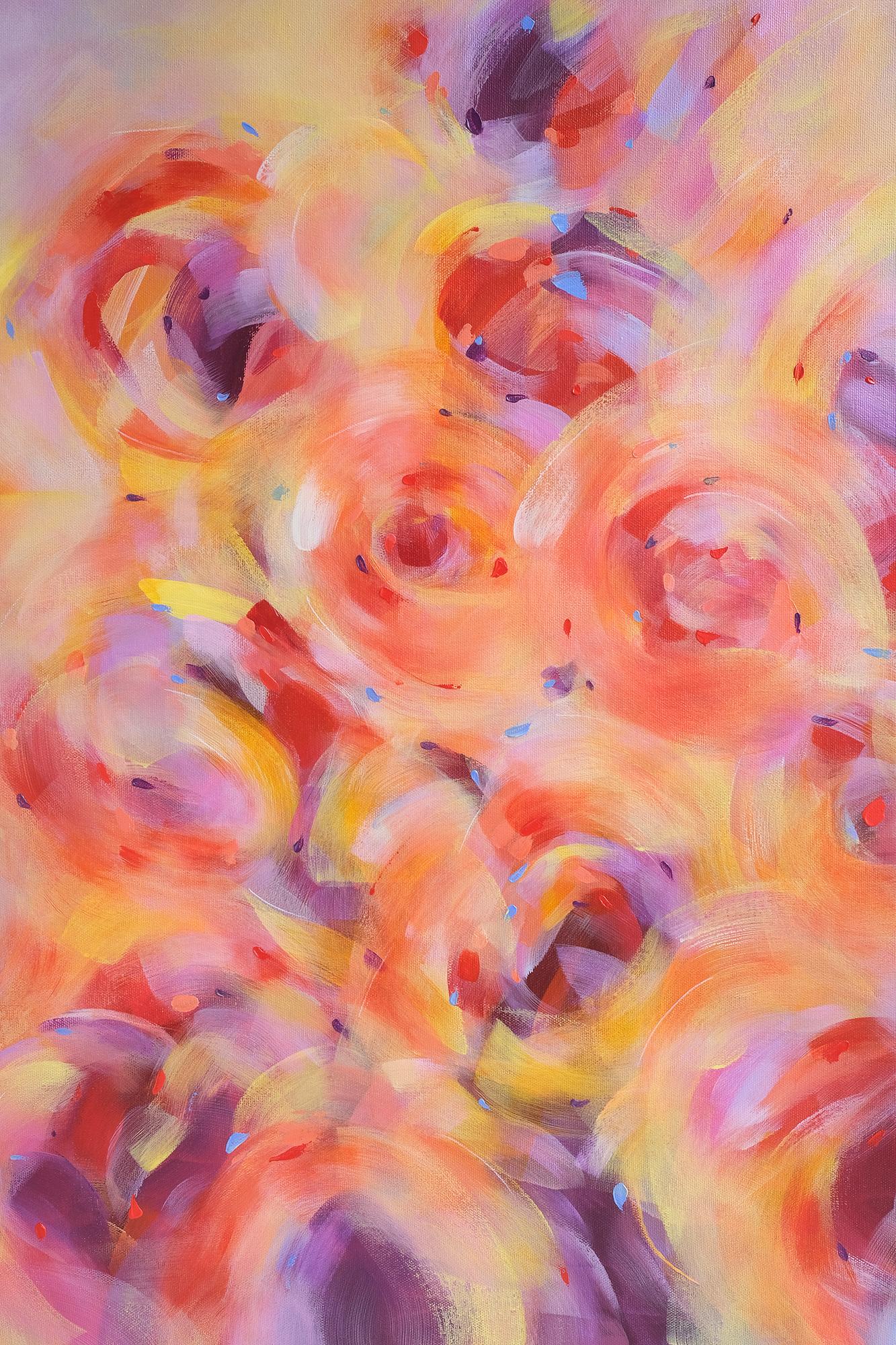 This abstract composition suggests a bouquet of roses through swirling, circular brushstrokes and overlapping petals rendered in warm, luminous color. Centered hues of pinks, corals, and peaches glow with a soft, sunset-like warmth, while accents of
