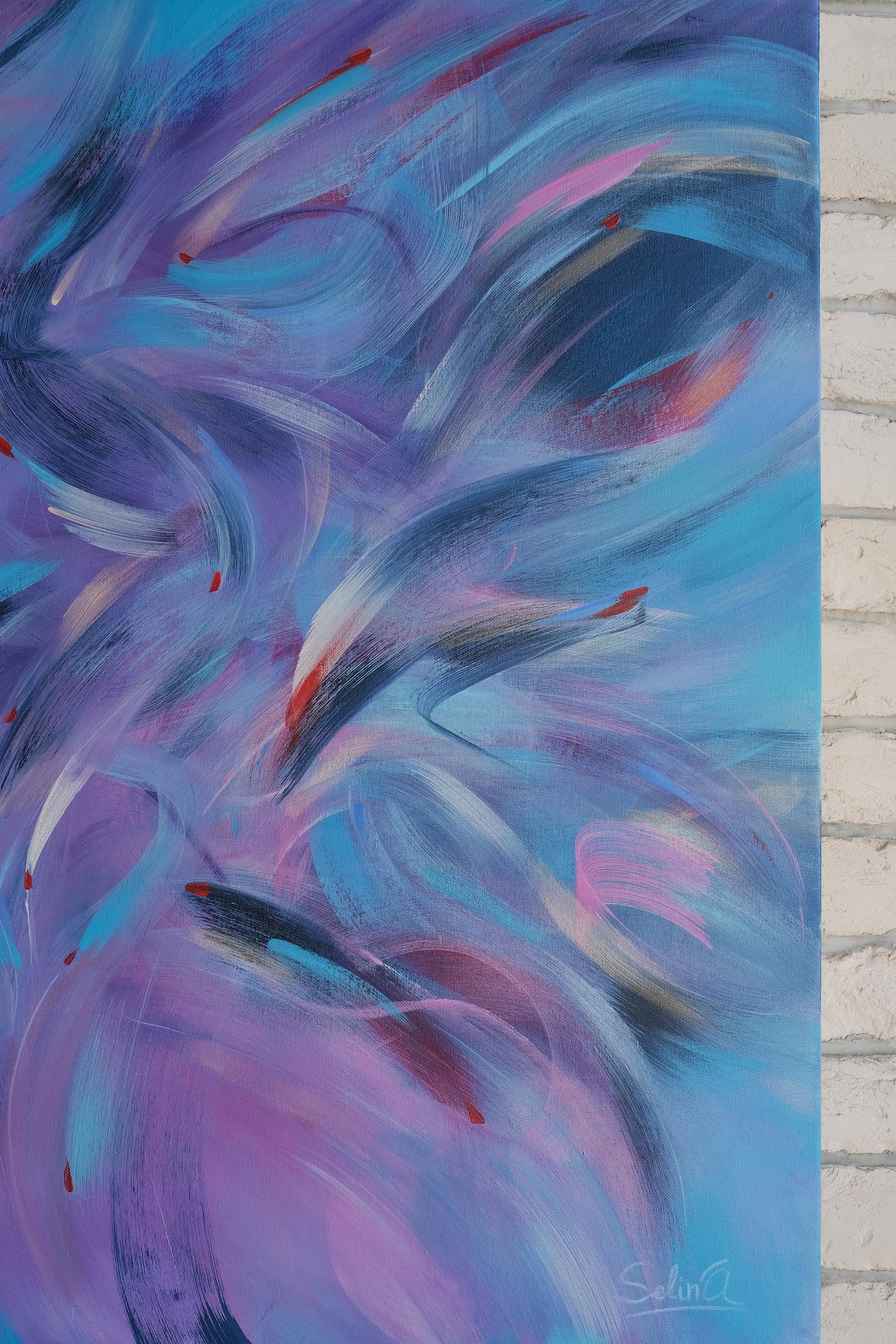 This abstract canvas unfolds as a kinetic reverberation of color, where swirling ribbons of violet, blue, and lavender spiral outward from a luminous center. The composition evokes both breeze and current—an energetic dance of energy and depth that