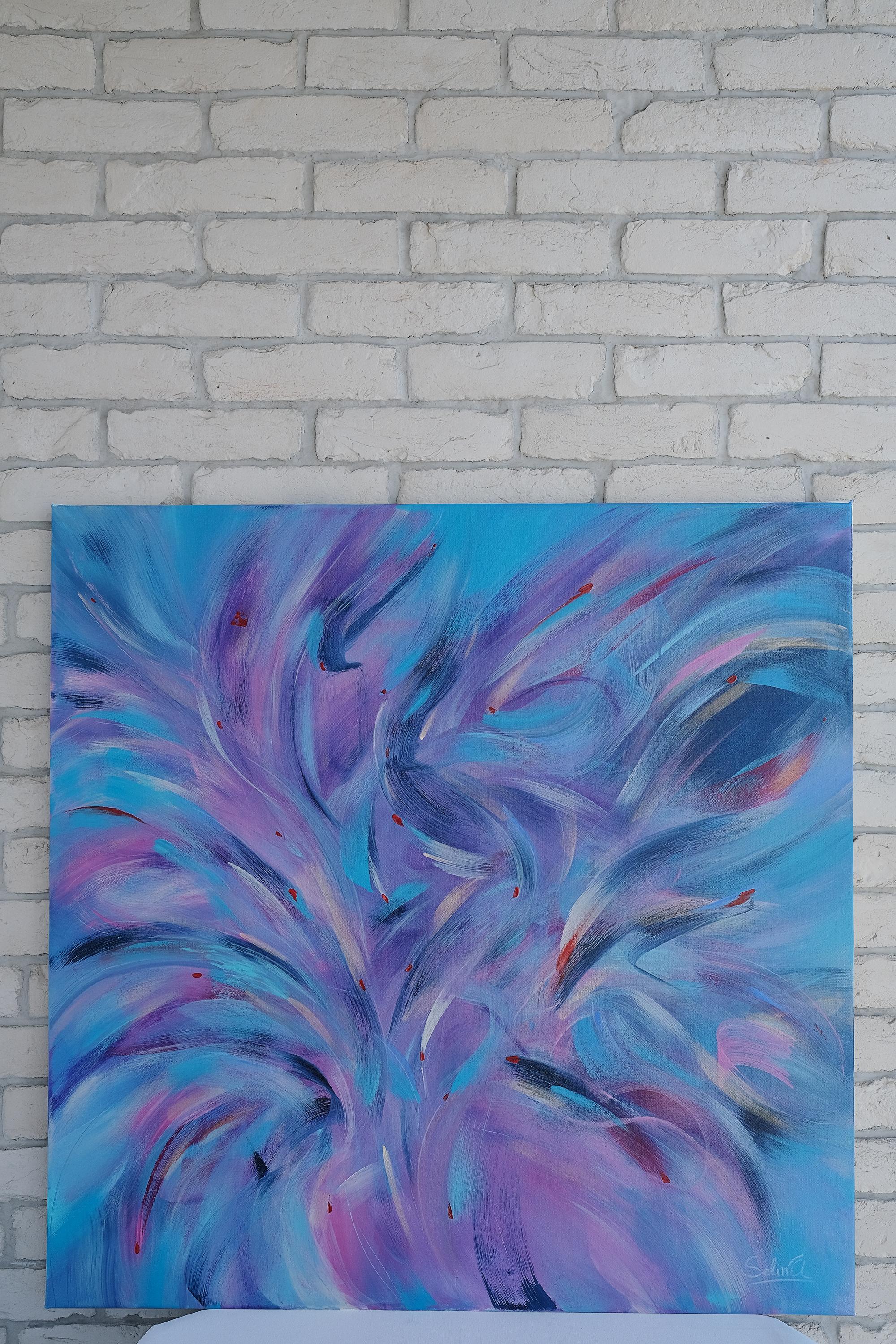 Birds flying high. Modern colorful abstract painting 100x100 cm For Sale 1