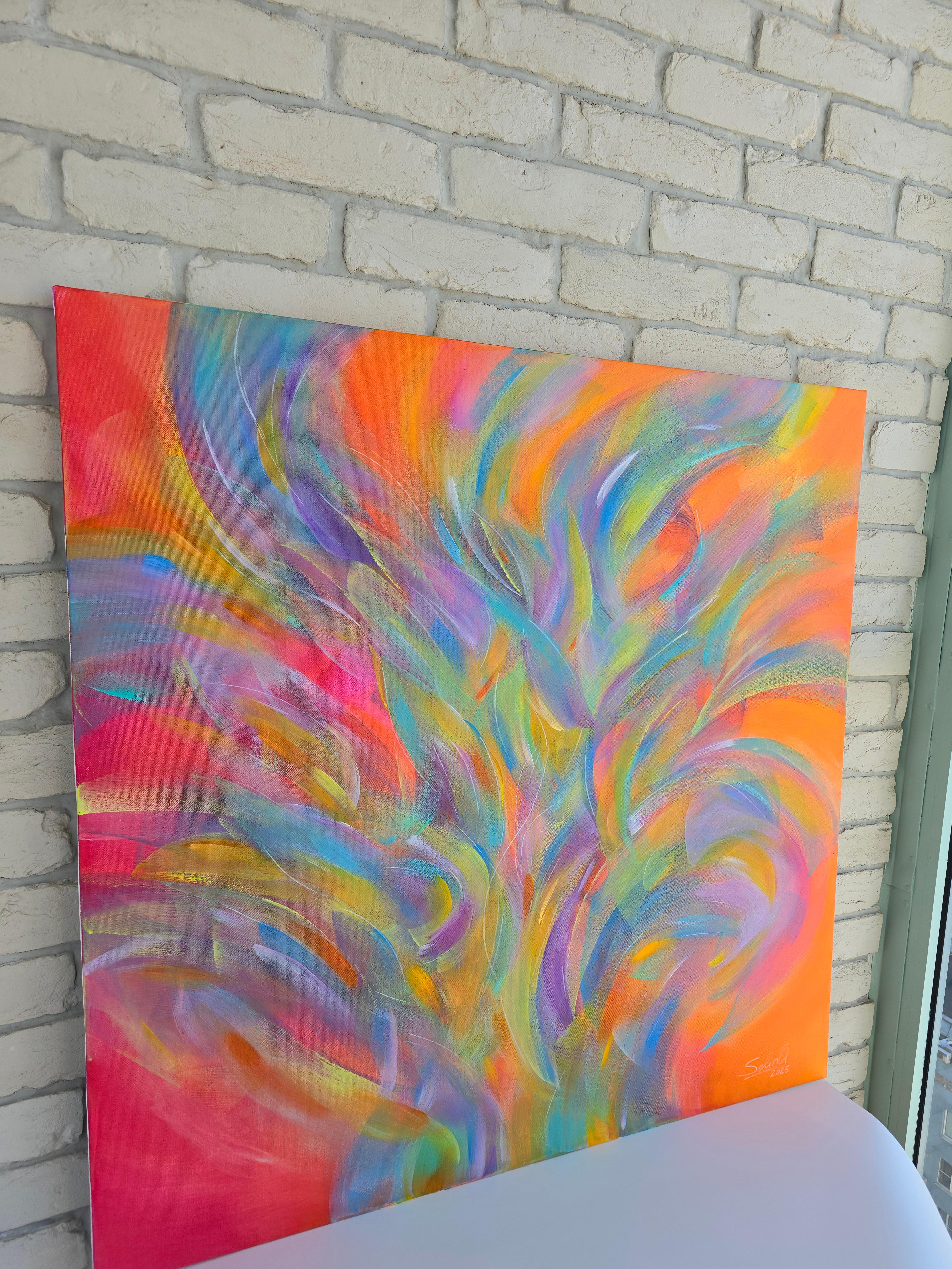 Fröhlicher Karneval. Moderne bunte abstrakte Malerei 100x100 cm (Braun), Abstract Painting, von Anna Selina