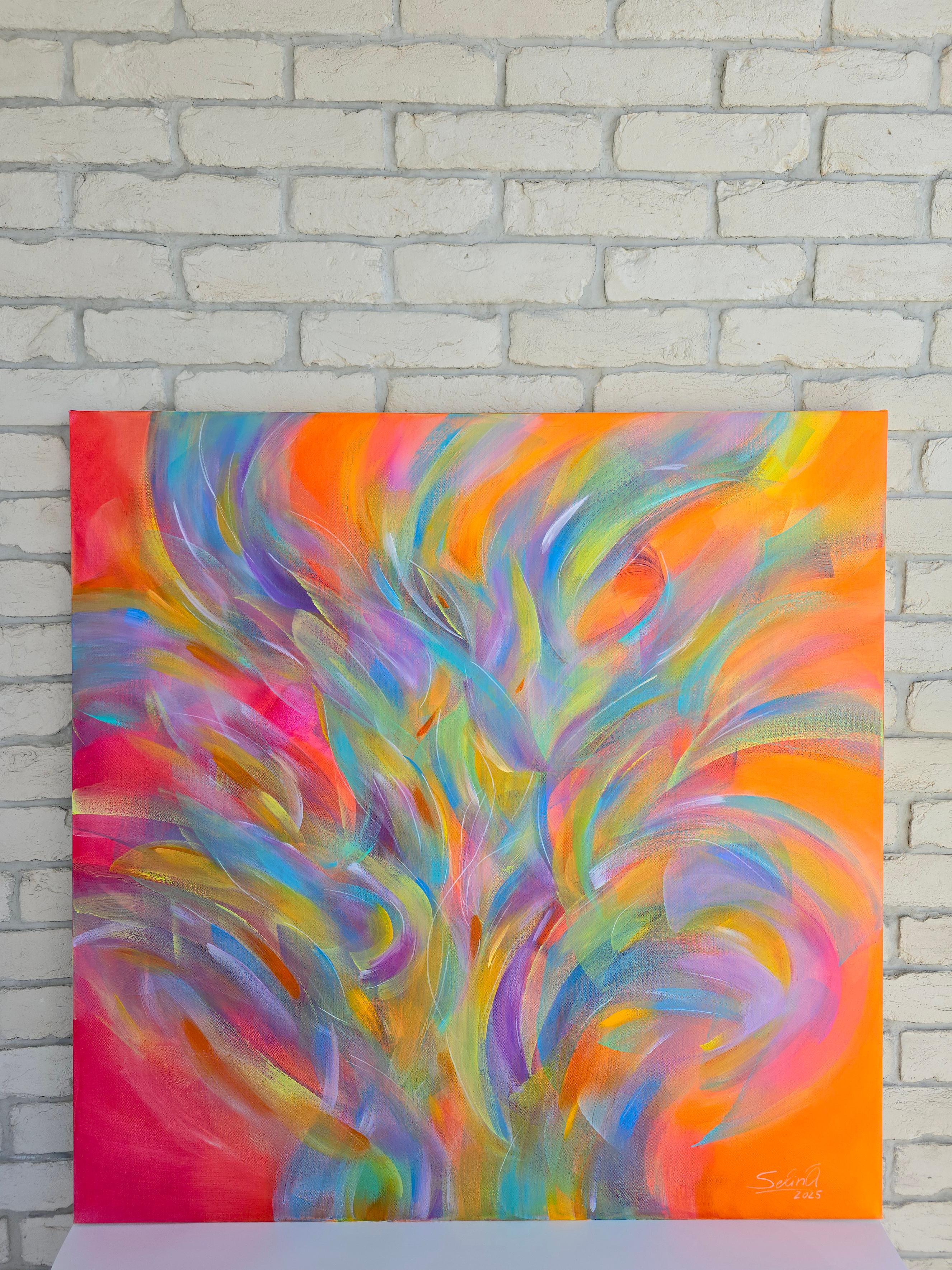 Dieses lebendige Kunstwerk besticht durch seine wirbelnde Farbmischung, die gekonnt leuchtende Blau-, Rosa-, Orange- und Grüntöne miteinander verbindet. Die fließenden Pinselstriche erwecken den Eindruck einer dynamischen Bewegung, die an tanzende