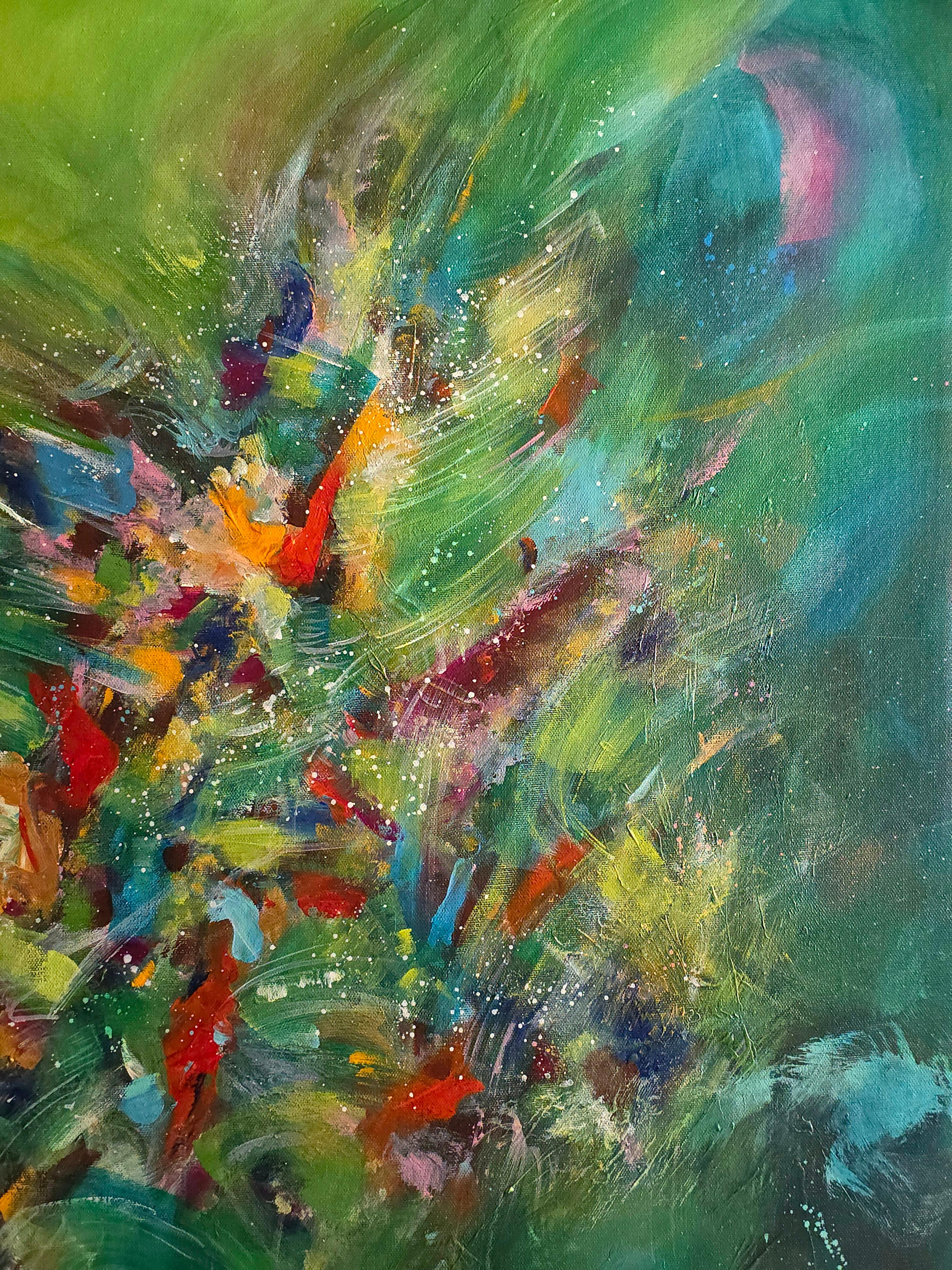 Helle Stimmung. Moderne bunte abstrakte Malerei 100x100 cm (Grün), Abstract Painting, von Anna Selina