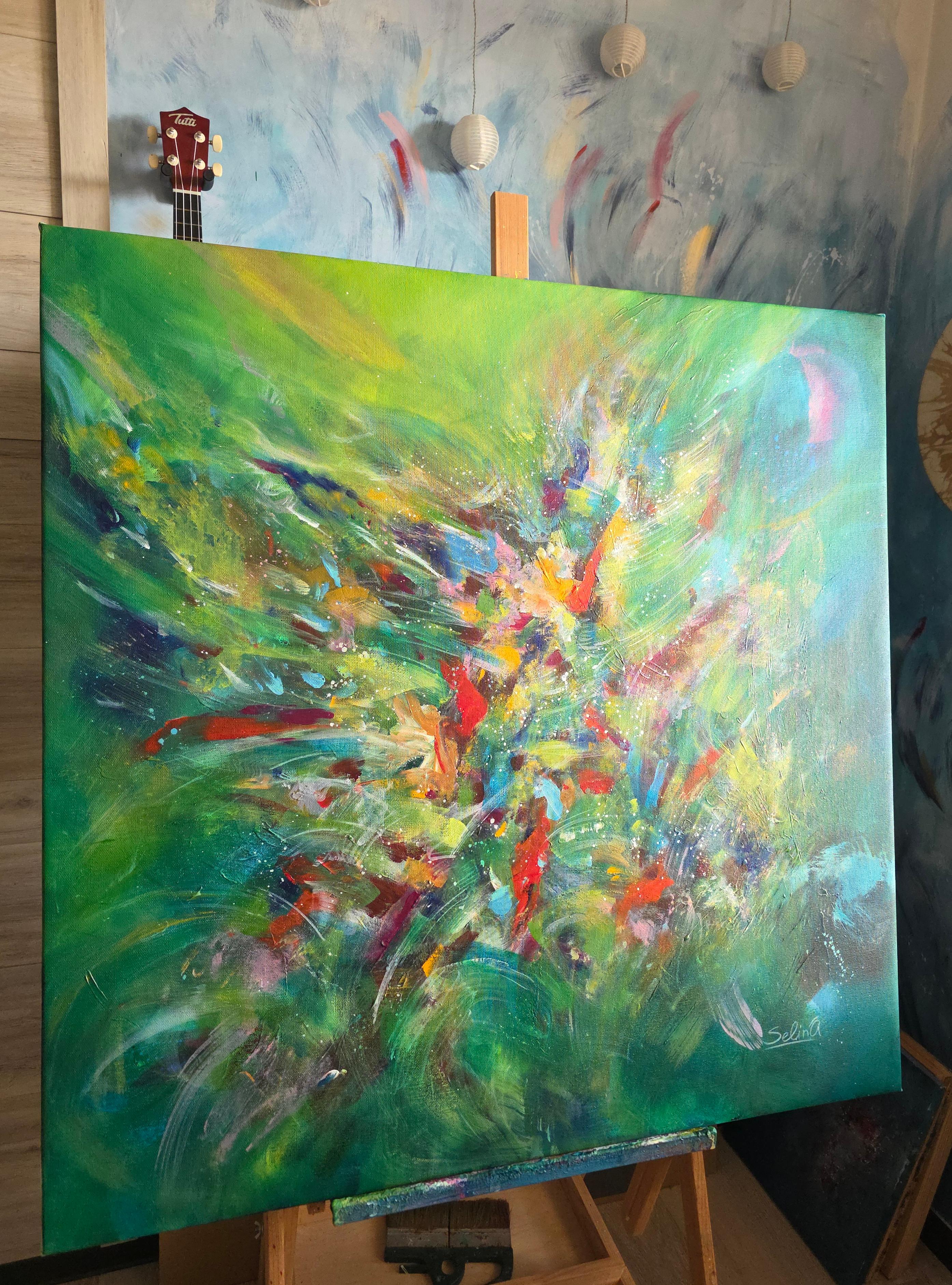 Helle Stimmung. Moderne bunte abstrakte Malerei 100x100 cm im Angebot 1