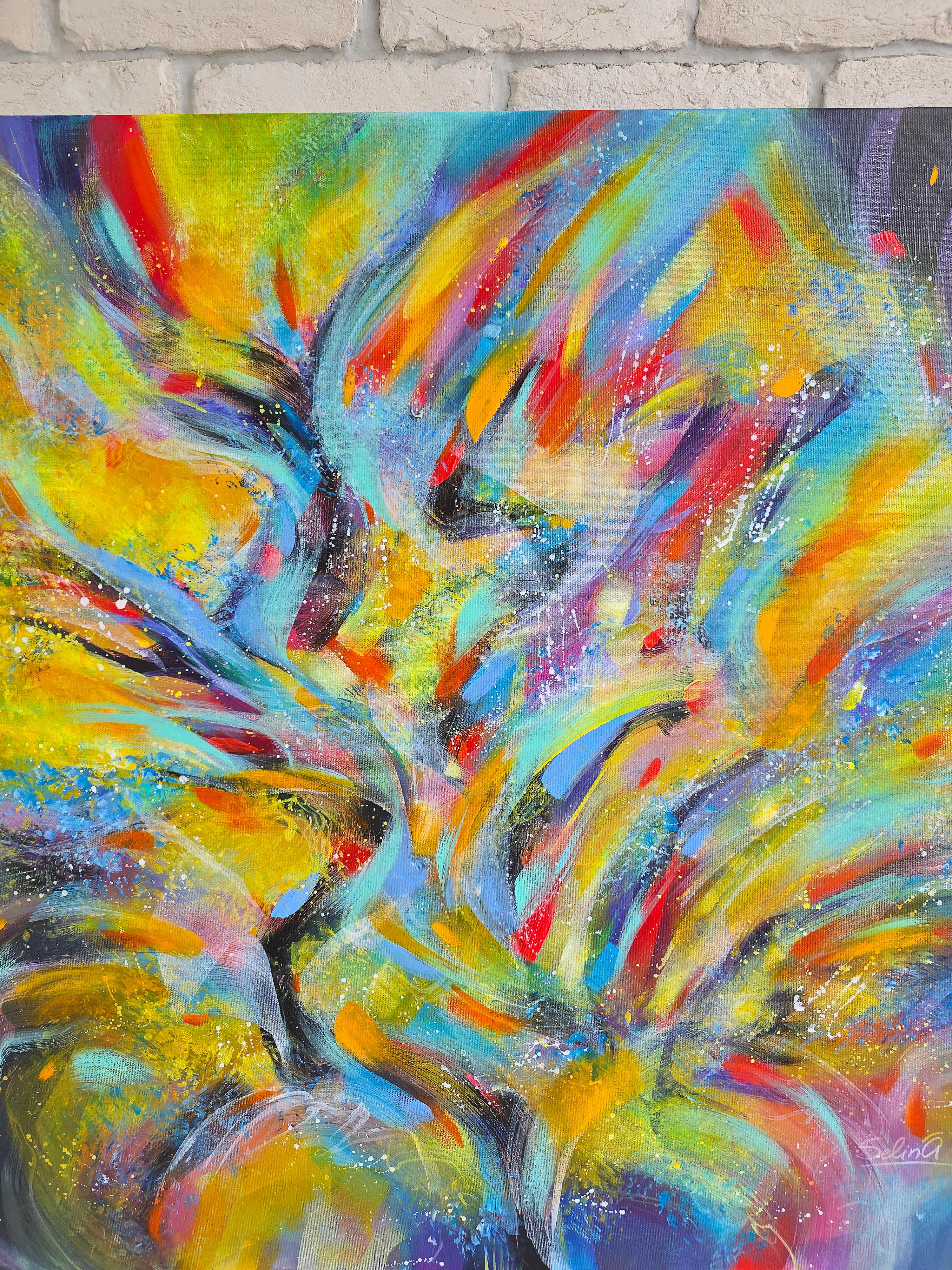 Bright way. Modern colorful abstract painting 100x100 cm - Brown Abstract Painting by Anna Selina