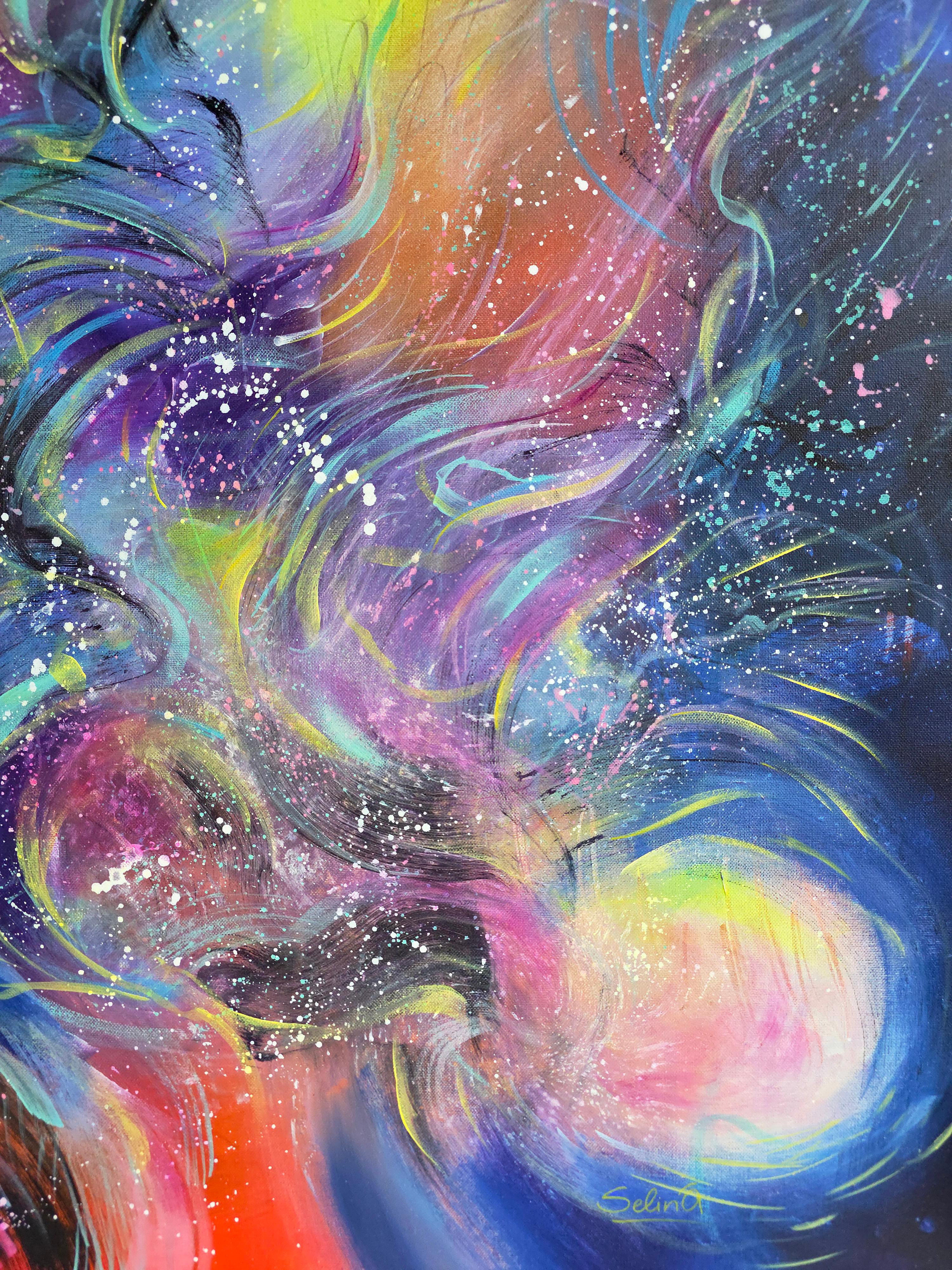 This artwork bursts with cosmic energy, skillfully blending vibrant hues of red, blue, and purple. It captures the viewer's imagination with dynamic, swirling motions that evoke the mysteries of the universe. The background transitions smoothly from