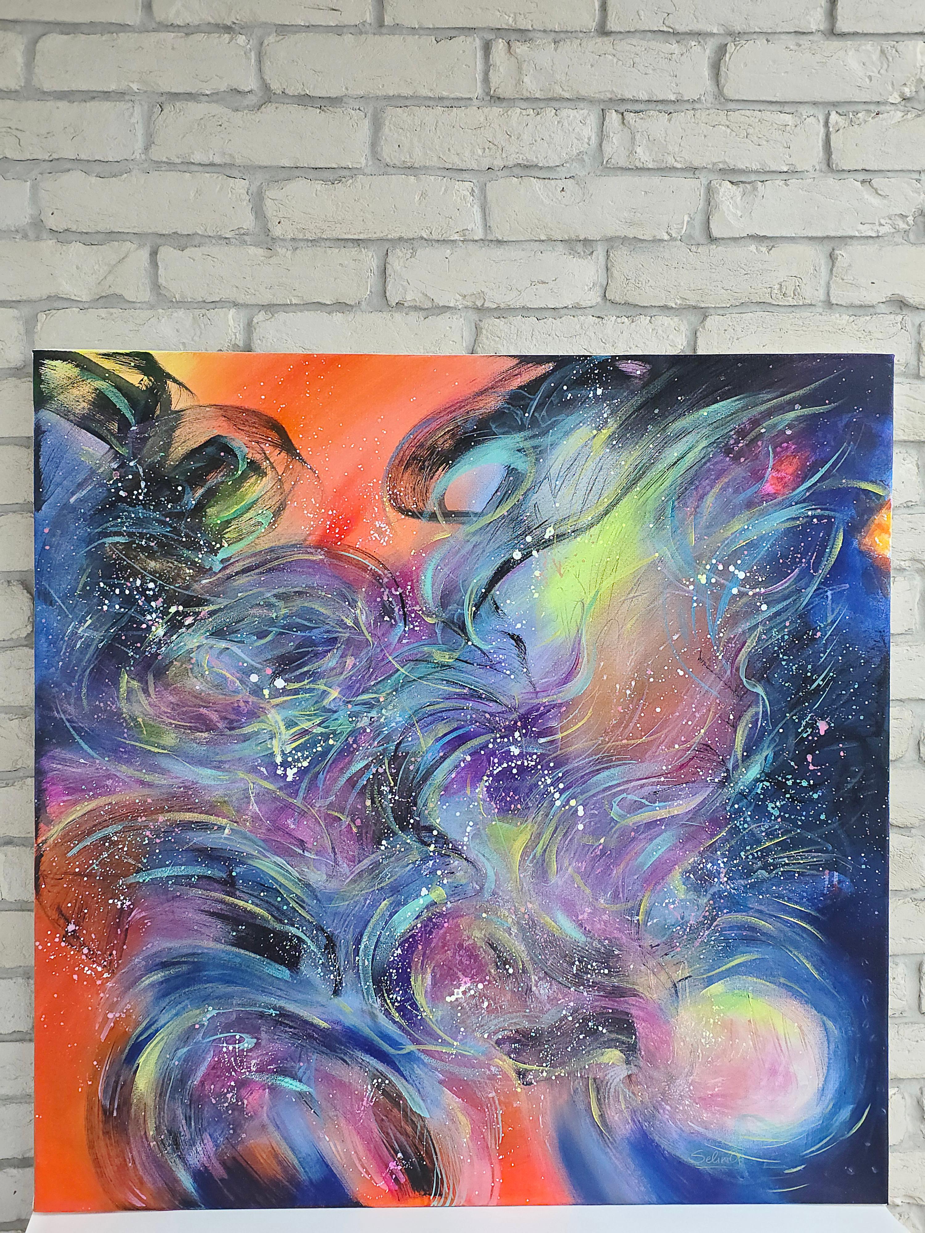 Cosmic space. Modern colorful abstract painting 100x100 cm For Sale 1