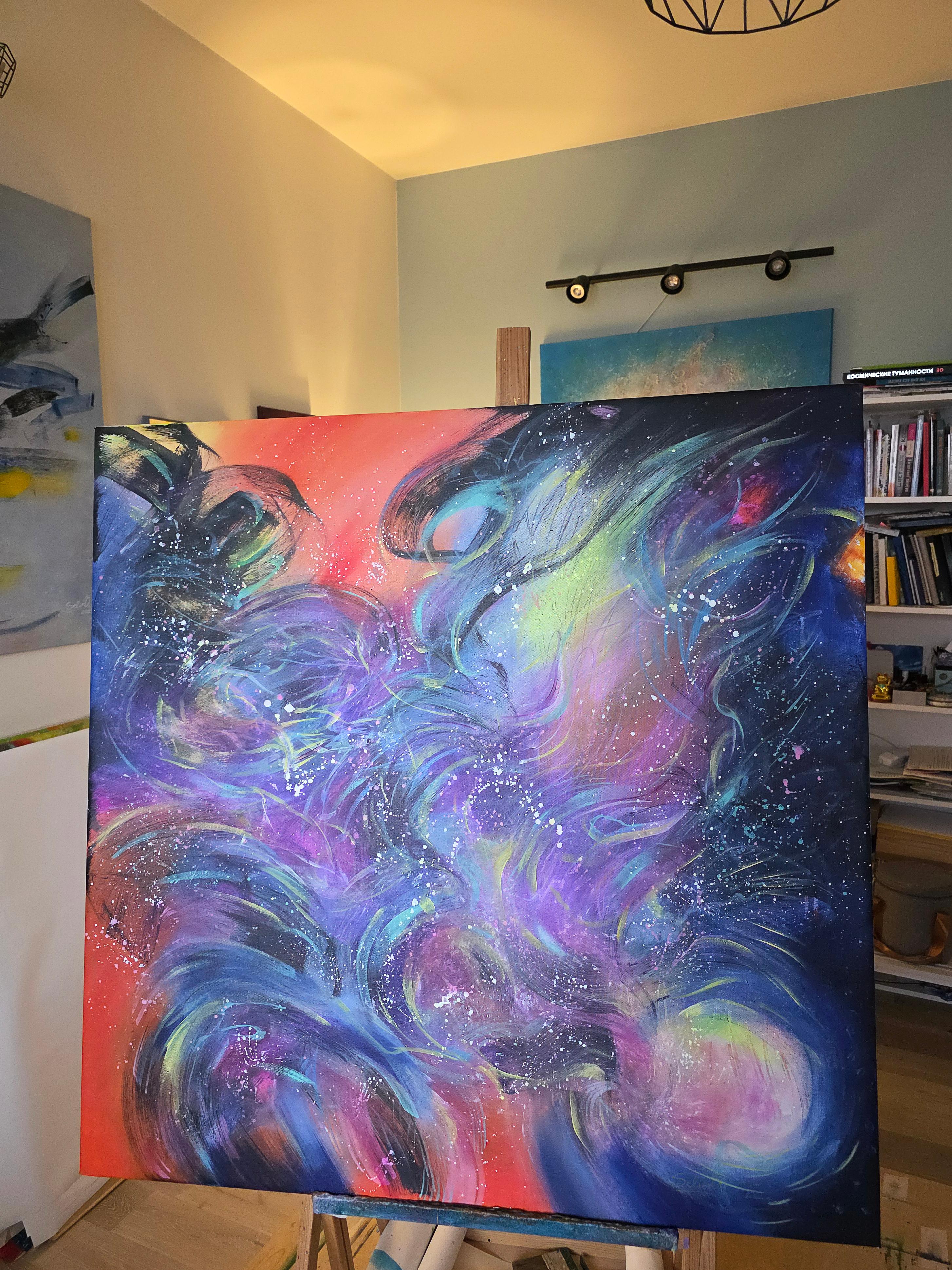 Cosmic space. Modern colorful abstract painting 100x100 cm For Sale 2