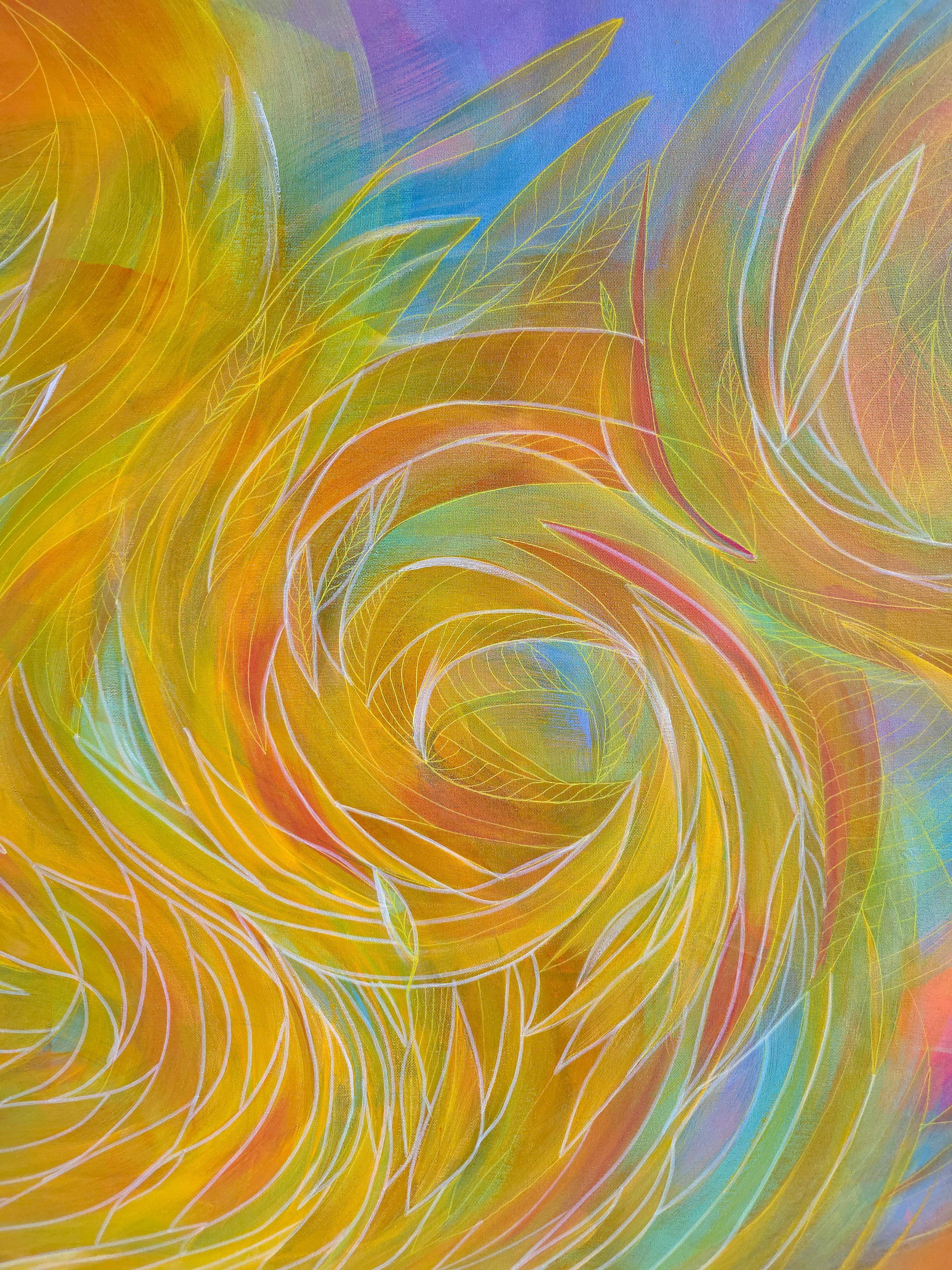 Dieses lebendige Kunstwerk glänzt mit einem wirbelnden Farbwirbel, in dem sich warme Orange- und Gelbtöne meisterhaft mit kühlen Blau- und Grüntönen mischen. Die dynamischen Pinselstriche erwecken den Eindruck von Bewegung und Energie, als ob sie