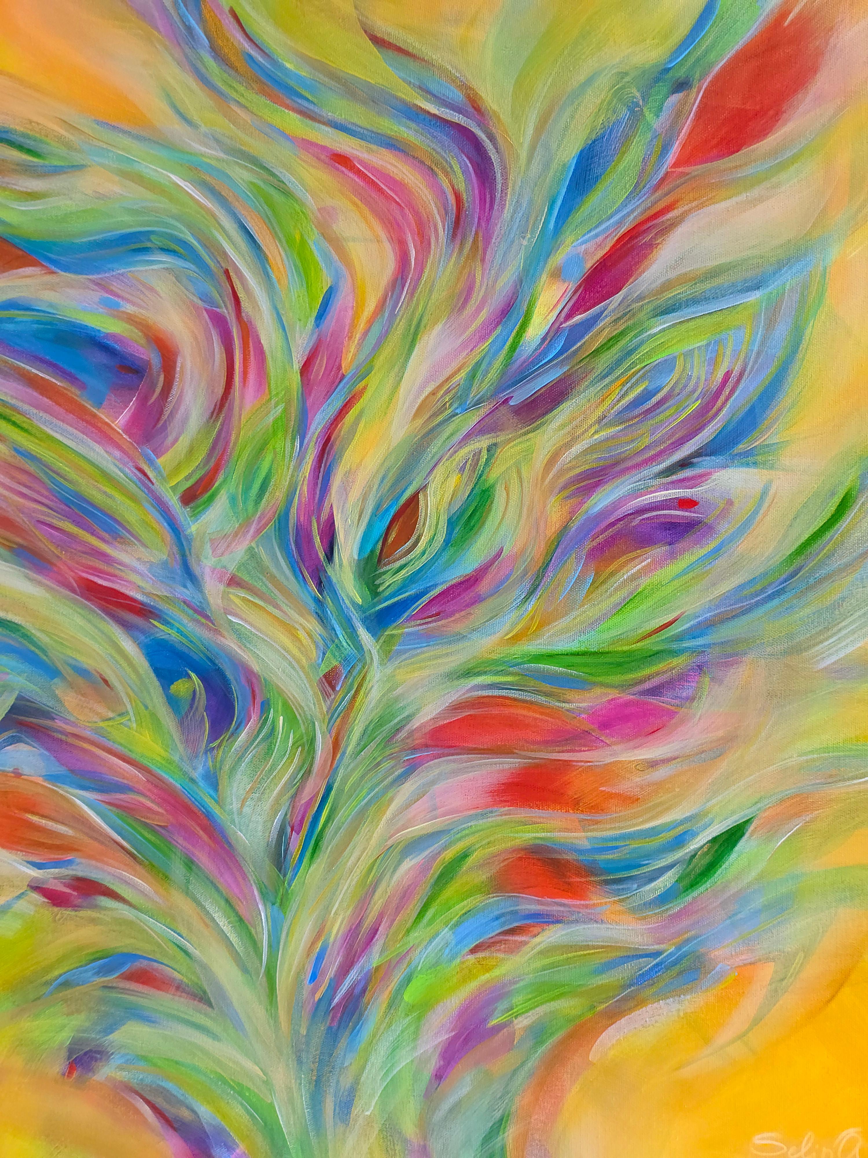 Symphonie de la feuille de feuillage. Peinture abstraite moderne colorée 100x100 cm - Painting de Anna Selina