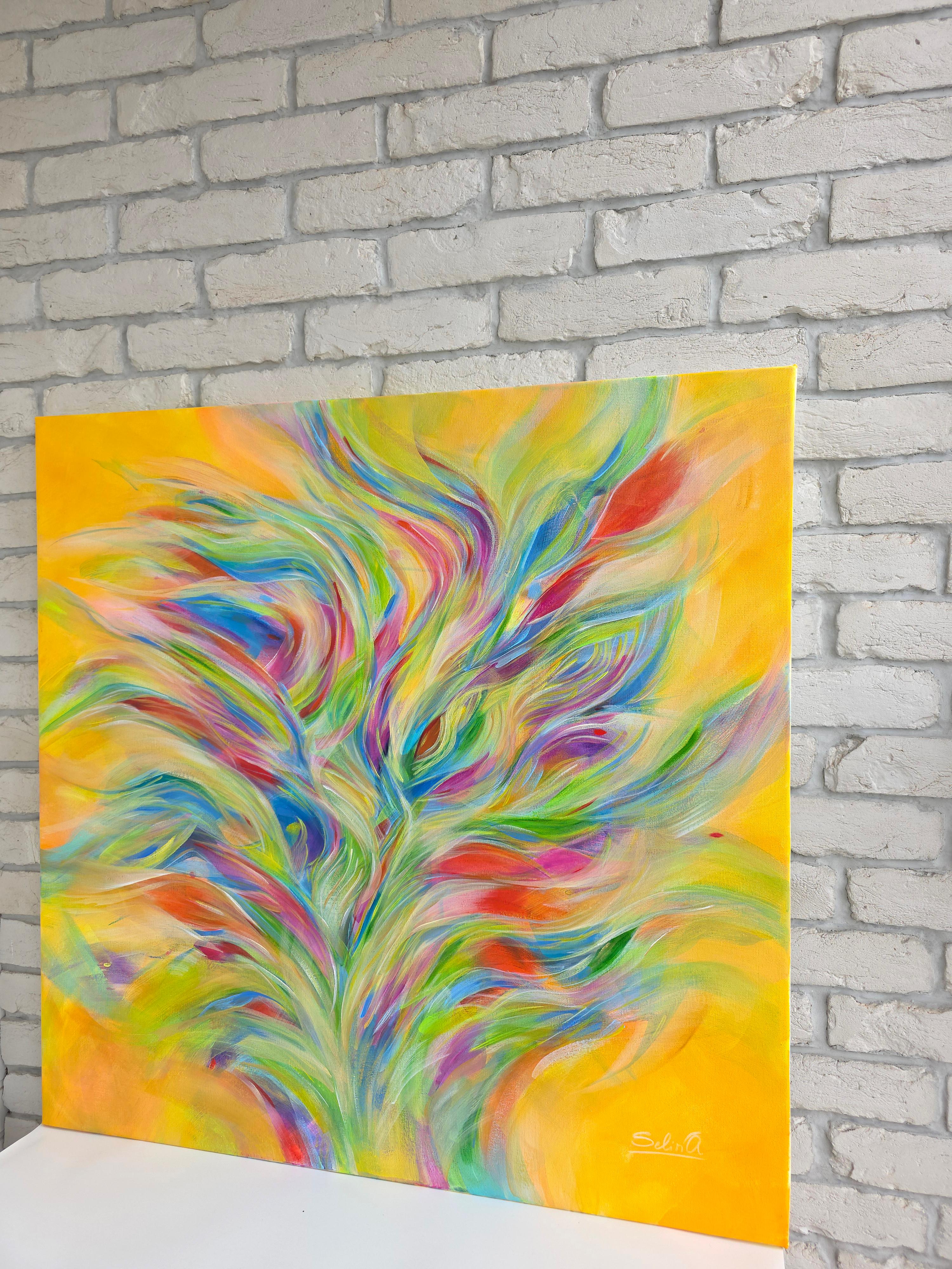 Symphonie de la feuille de feuillage. Peinture abstraite moderne colorée 100x100 cm - Abstrait Painting par Anna Selina