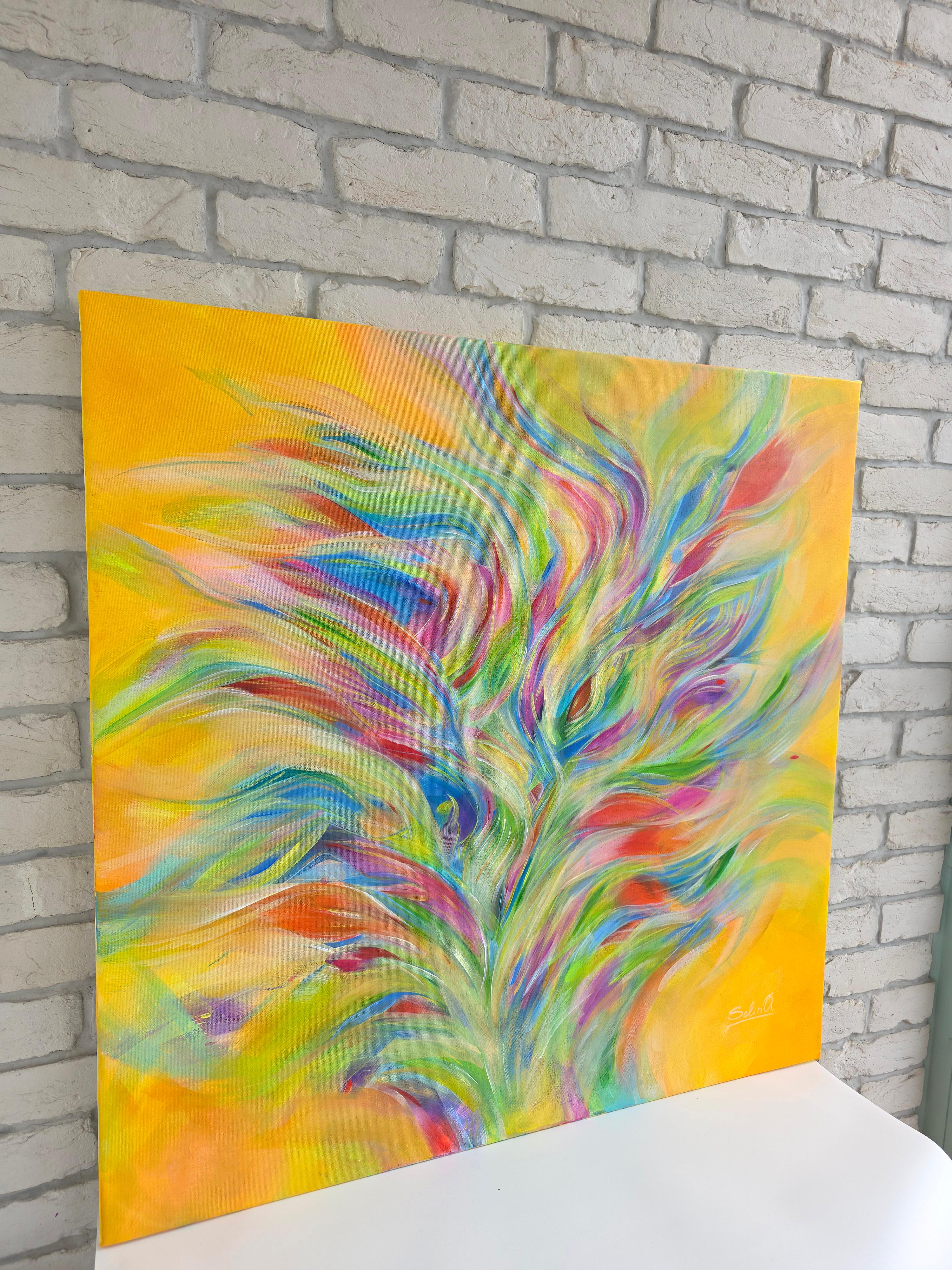 Symphonie de la feuille de feuillage. Peinture abstraite moderne colorée 100x100 cm - Marron Abstract Painting par Anna Selina