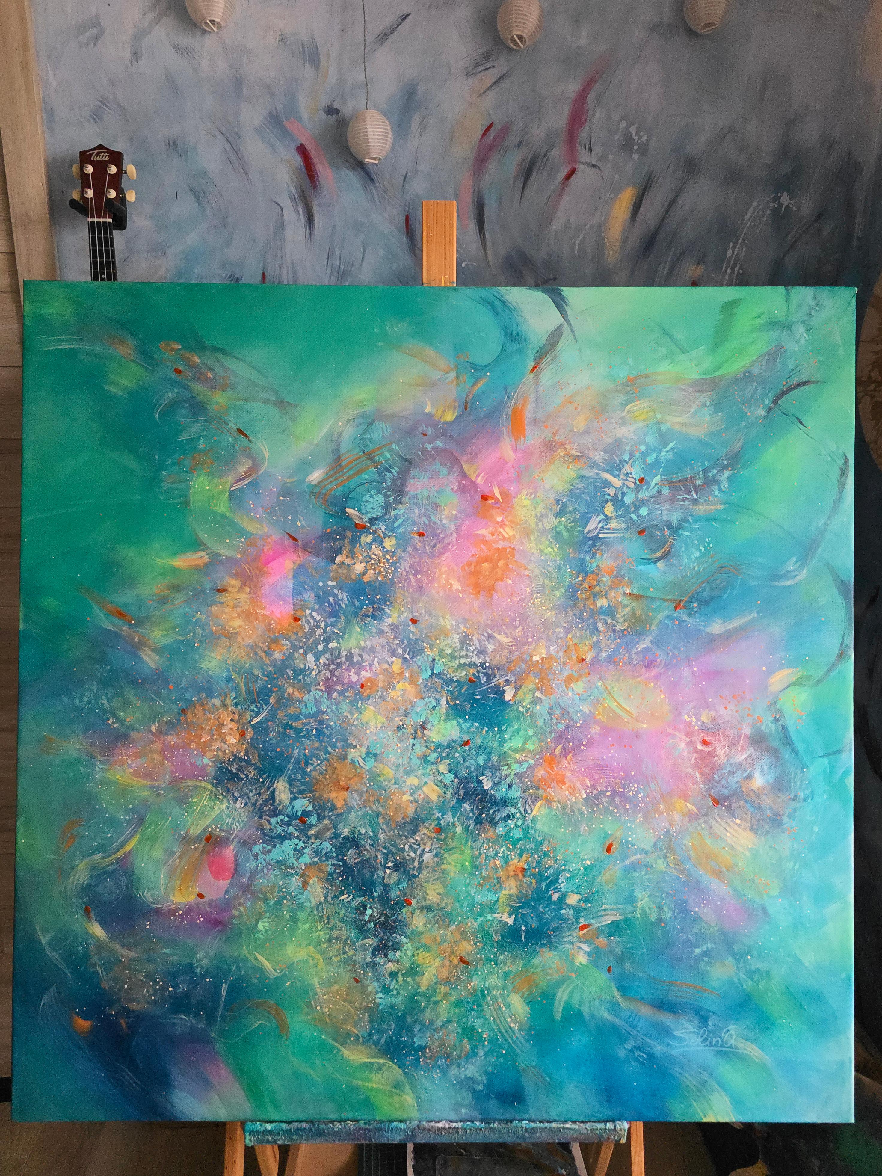 La musique ici et maintenant. Peinture abstraite moderne colorée 100x100 cm - Abstrait Painting par Anna Selina