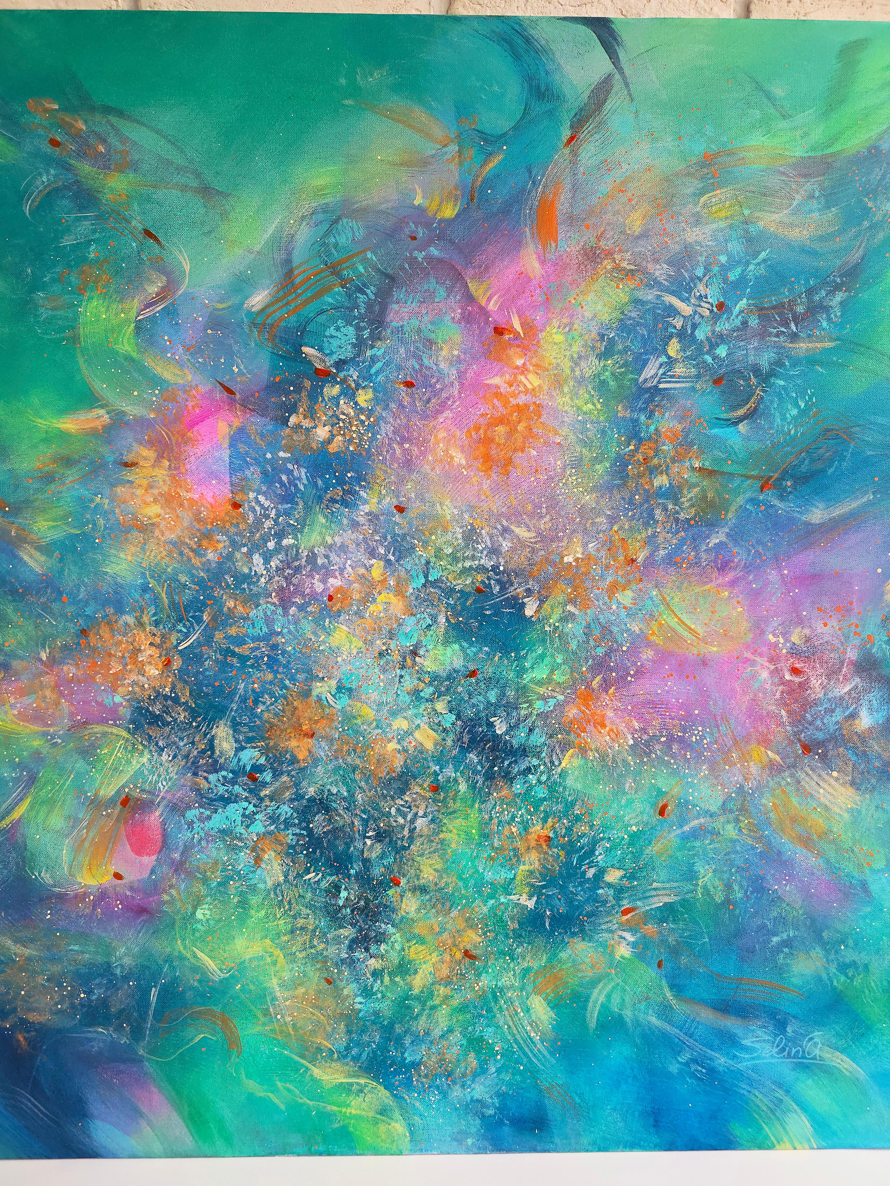 La musique ici et maintenant. Peinture abstraite moderne colorée 100x100 cm - Bleu Abstract Painting par Anna Selina