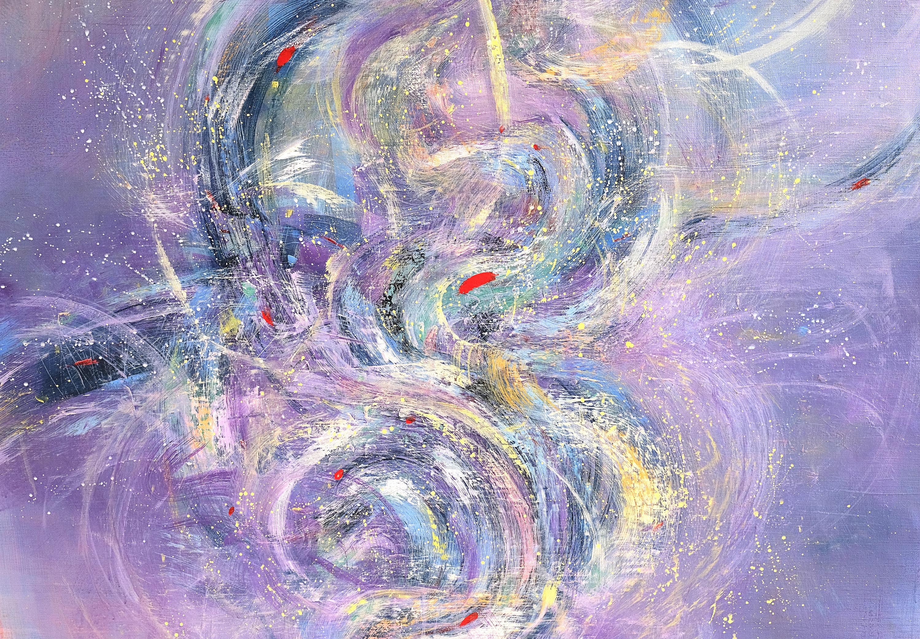 This ethereal abstract on canvas unfolds as a luminous violet vortex, where sweeping strokes of lilac, lavender, turquoise, and cobalt coil toward an implied center. The result is a dynamic sense of motion and depth that draws the viewer into a