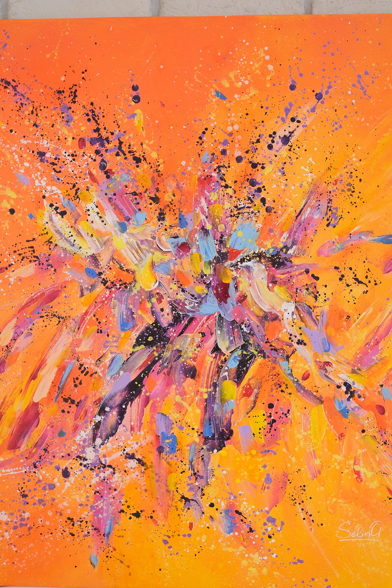 Orange joy. Modern colorful abstract painting 100x100 cm - Painting by Anna Selina