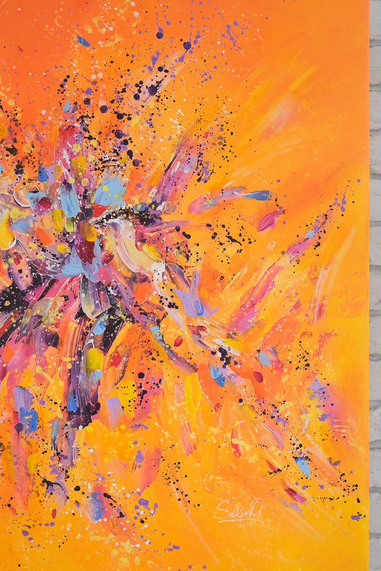 Orange joy. Modern colorful abstract painting 100x100 cm - Abstract Painting by Anna Selina