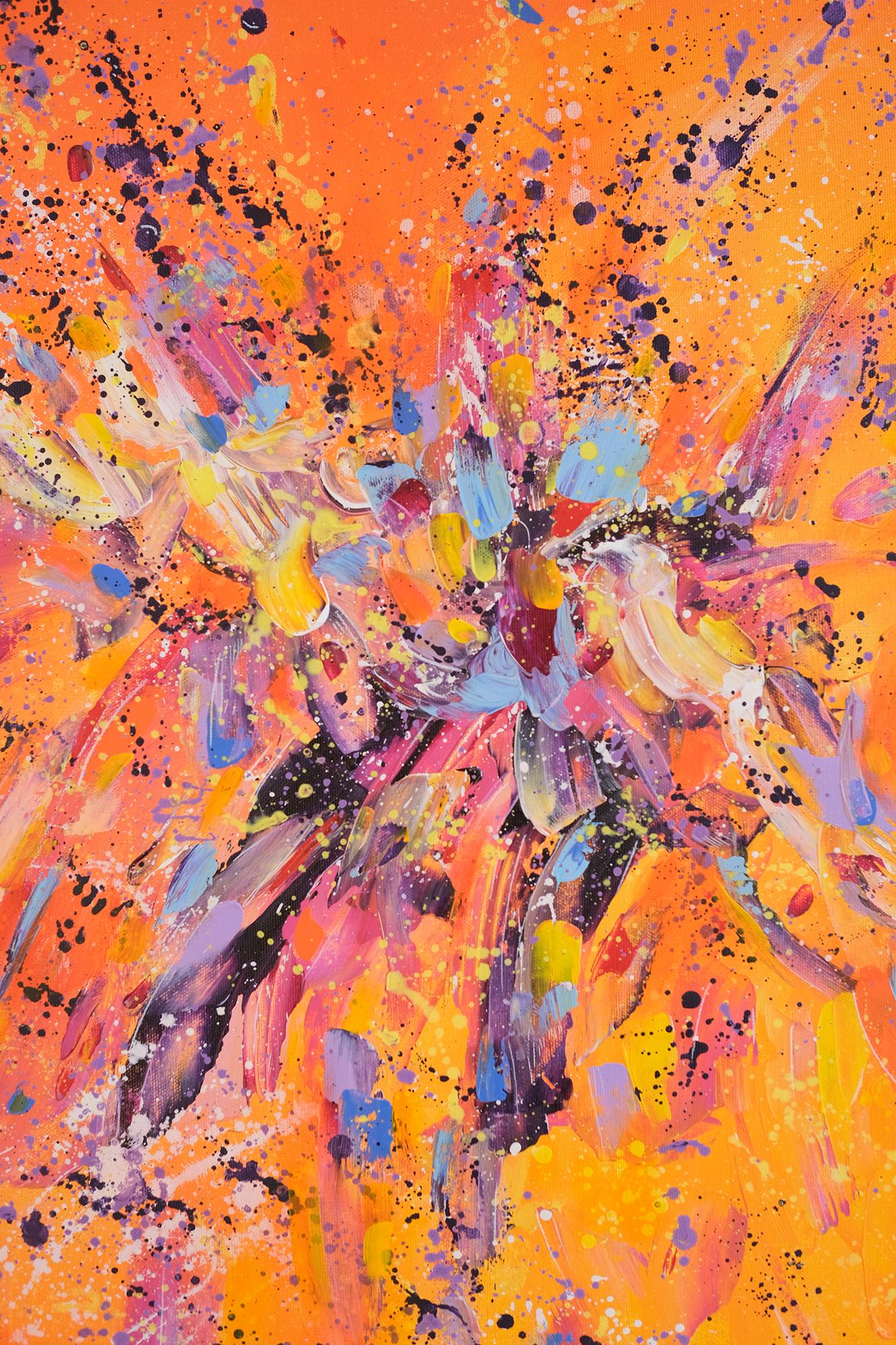 This artwork is full of air and joy in bright positive colors. The main color here is orange- color of happiness, joy, life energy. Bright colors bring bright energy into your space and this painting will relax your mind and harmonize your