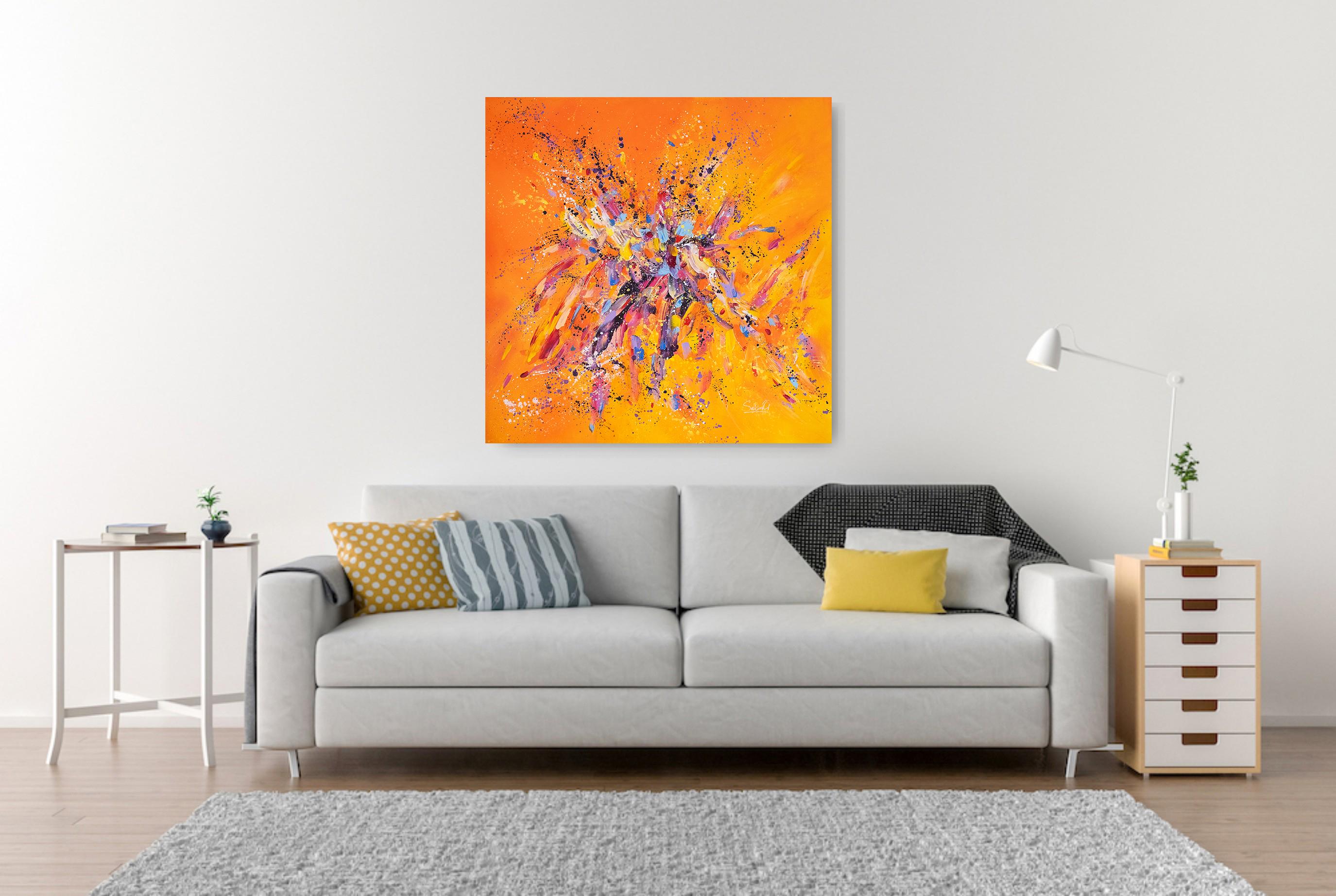 Orange joy. Modern colorful abstract painting 100x100 cm For Sale 1