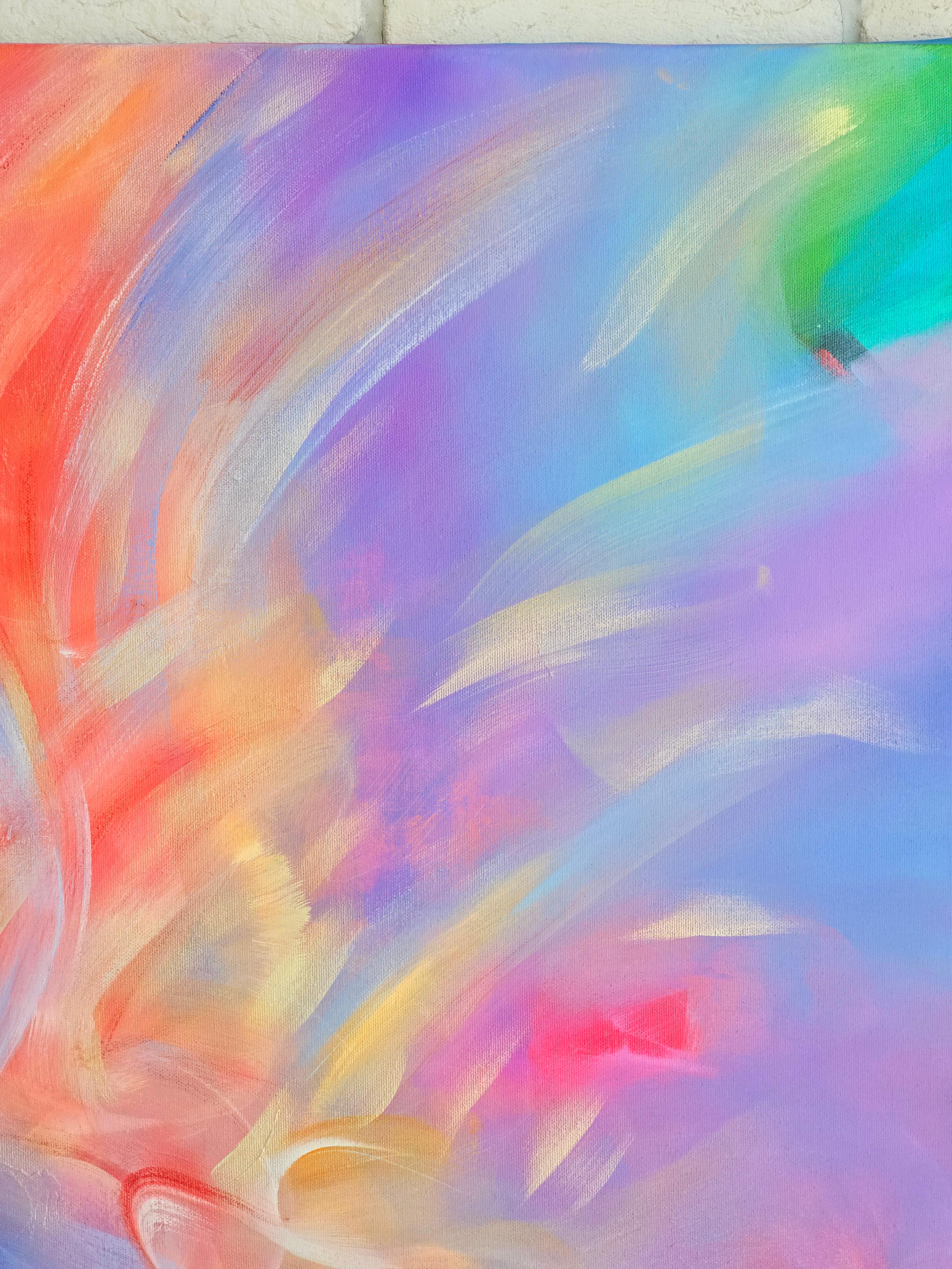 This abstract painting is like a plexus in a dance, of 2 different color energies:orange-red, blue-violet, like yin yang energy . And in result of this plexus, there is something new, original and very strong.

Red is life energy, activity, pulse of