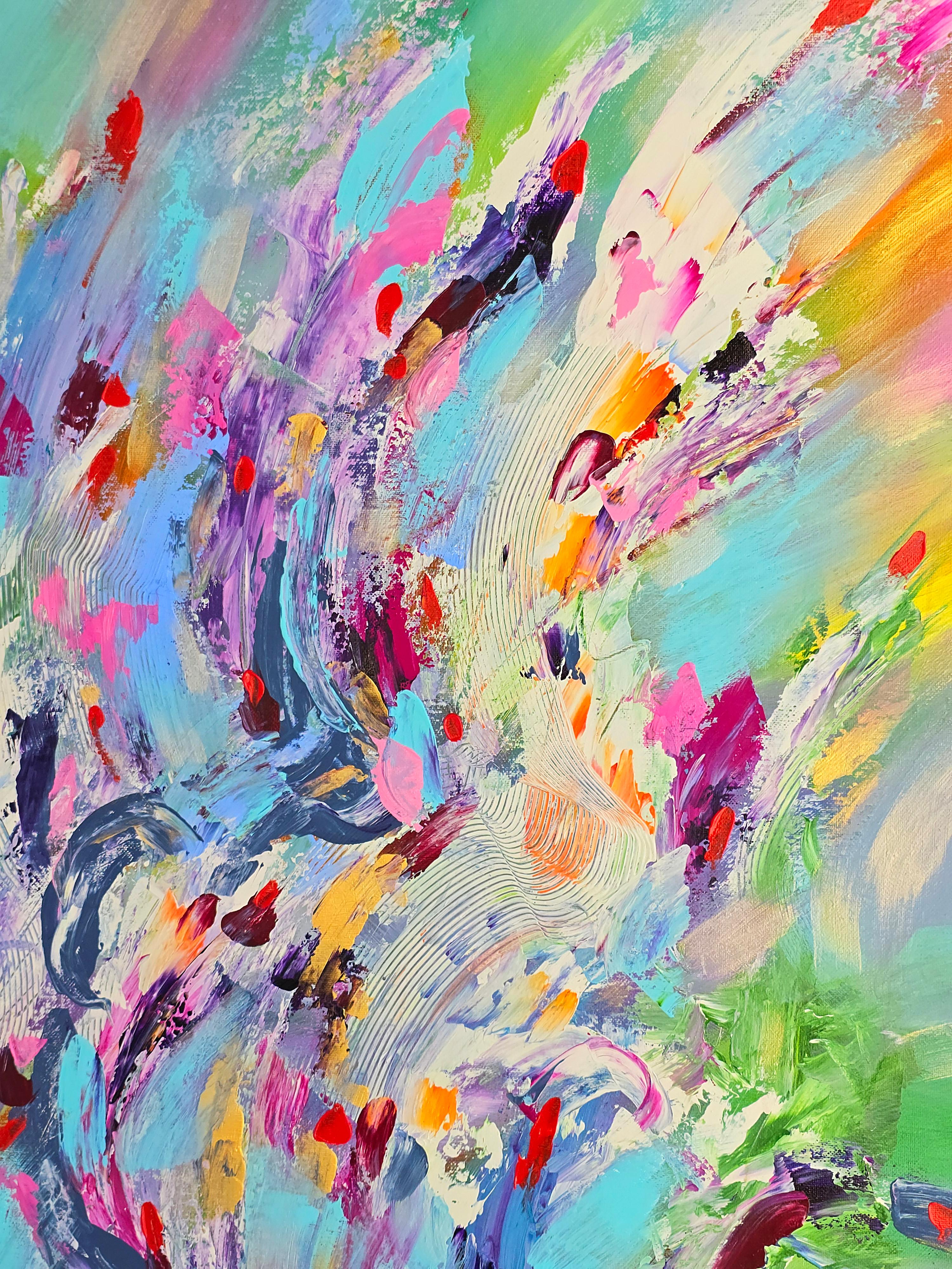 Pulse of color. Modern colorful abstract painting 110x90 cm - Gray Abstract Painting by Anna Selina