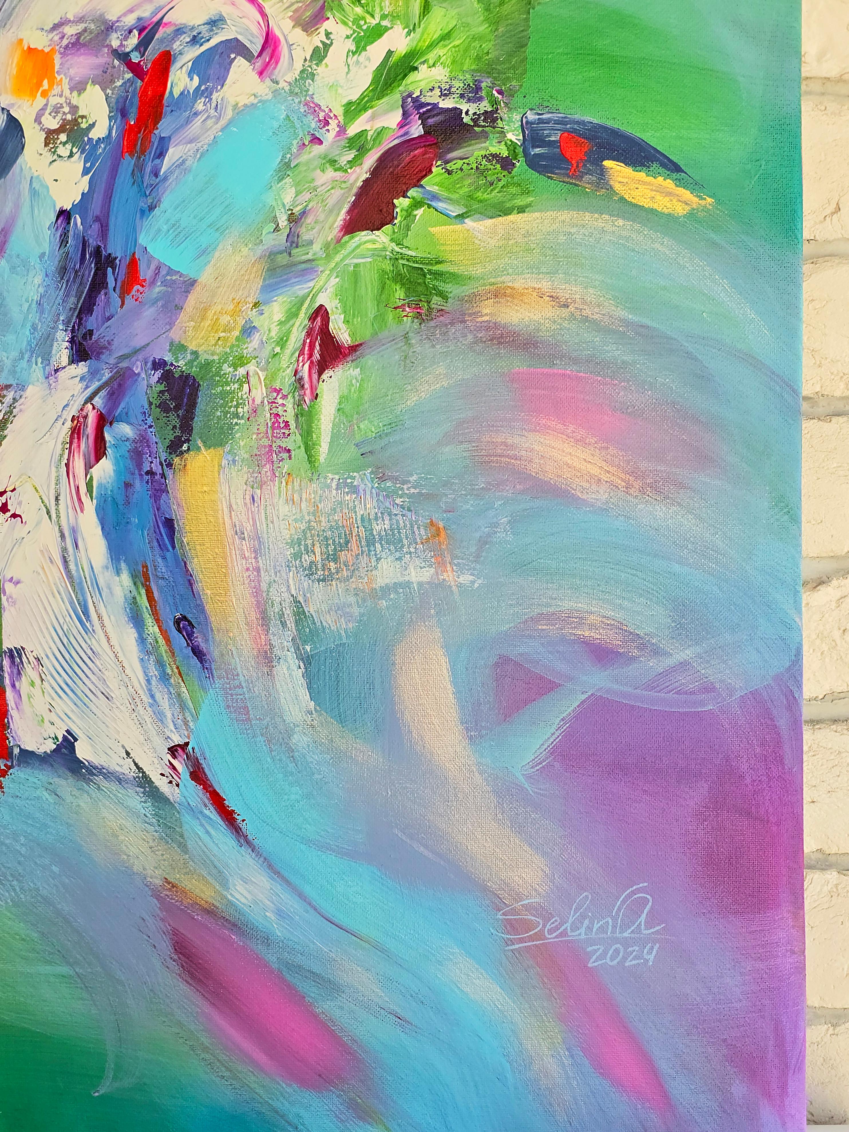 An energetic explosion of color that dissolves the boundary between form and atmosphere. A radiant core of dynamic strokes—violet, cyan, magenta, lime—expands outward against a warm, luminous field. The brushwork ranges from broad, sweeping swirls