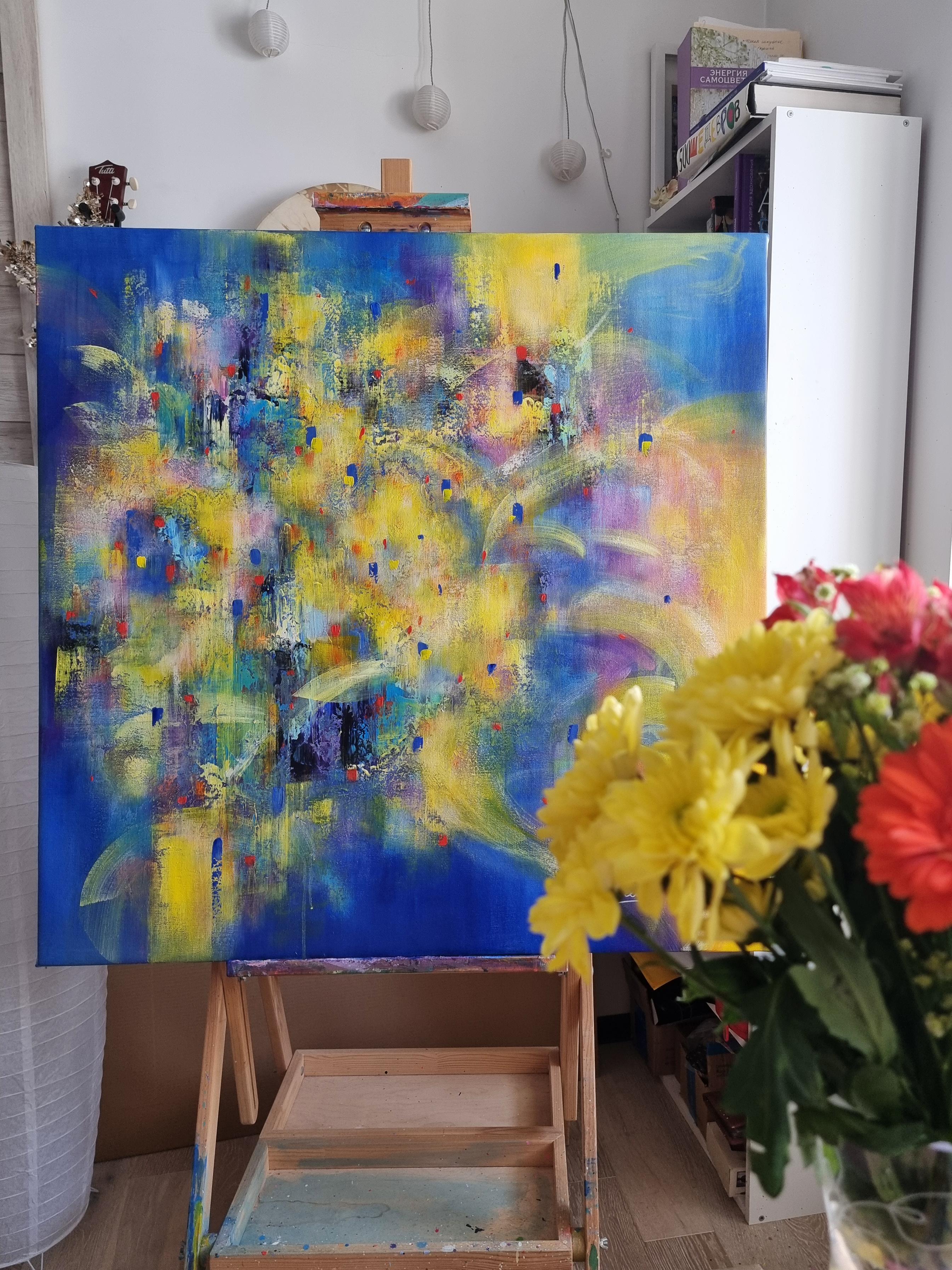 Solar whirl. Modern colorful abstract painting 100x100 cm - Abstract Painting by Anna Selina