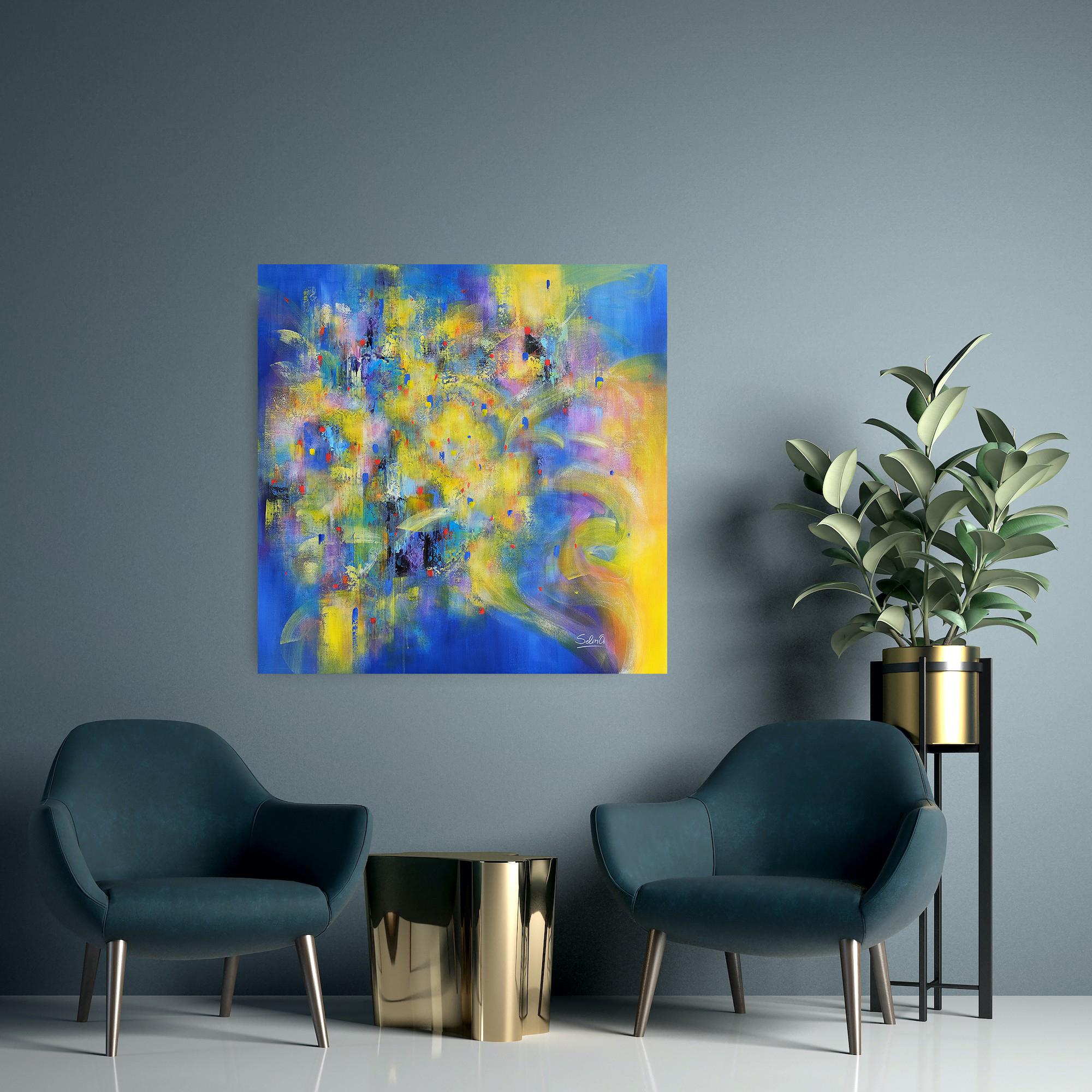 A radiant explosion of color unfolds from a warm pink core, bursting outward in sunlit yellows, oranges, and cool blues and greens. The radial composition creates a luminous halo that seems to hover between abstraction and a dawning spectacle of