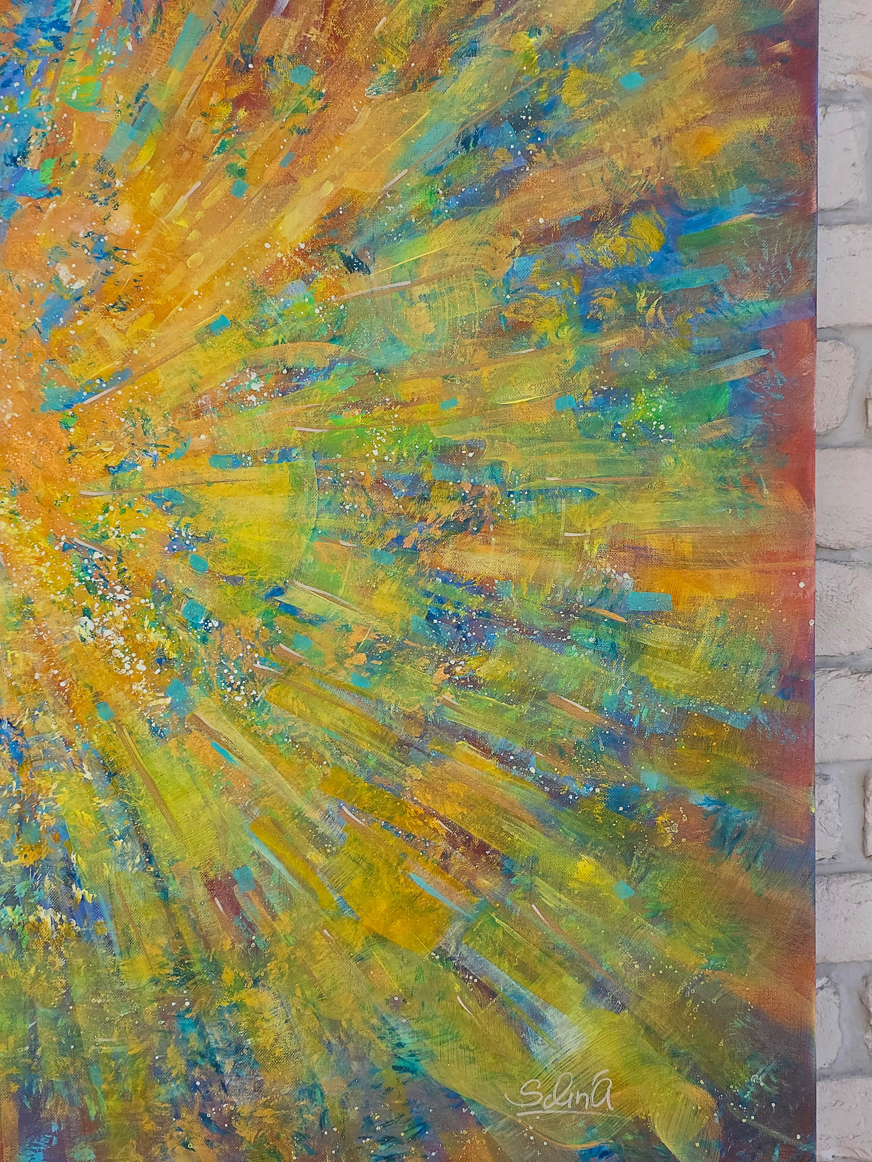 Spark of life. Modern colorful abstract painting 100x100 cm - Abstract Painting by Anna Selina