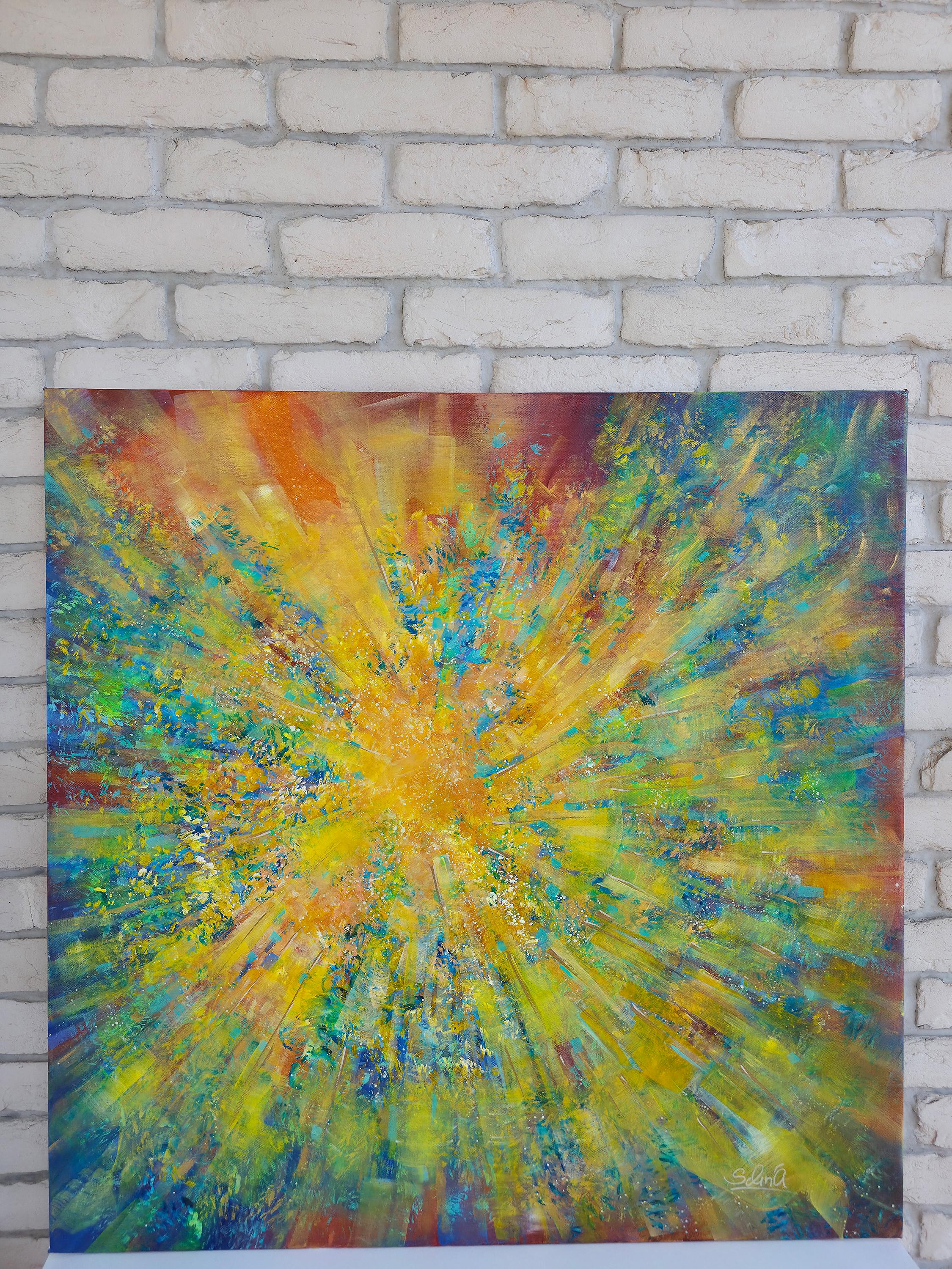 Spark of life. Modern colorful abstract painting 100x100 cm - Brown Abstract Painting by Anna Selina
