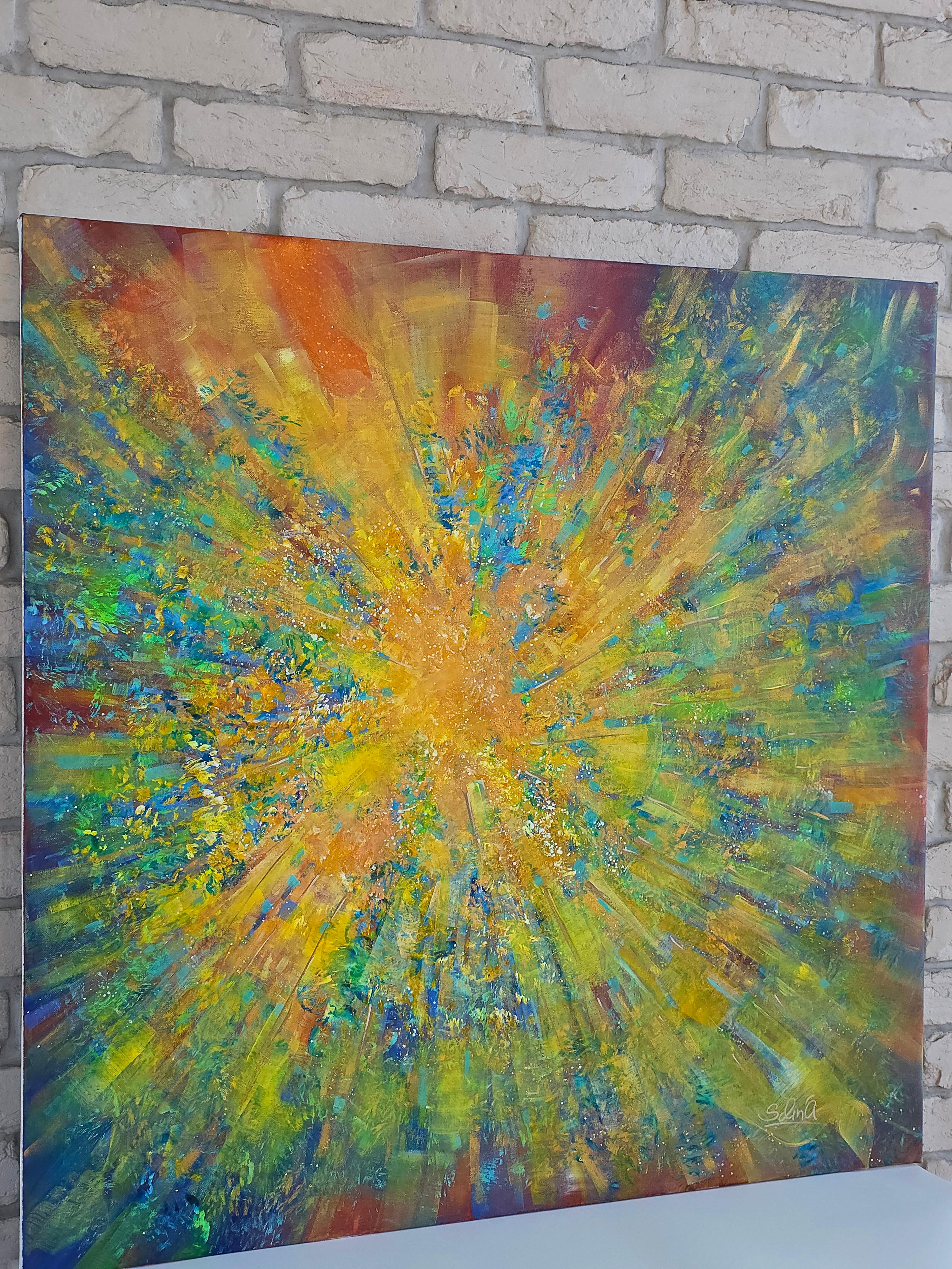 This artwork captivates with its vibrant explosion of colors, where swirling hues of blue, green, pink, and orange intermingle. The composition radiates energy, suggesting a cosmic or aquatic theme, as if capturing a moment of dynamic