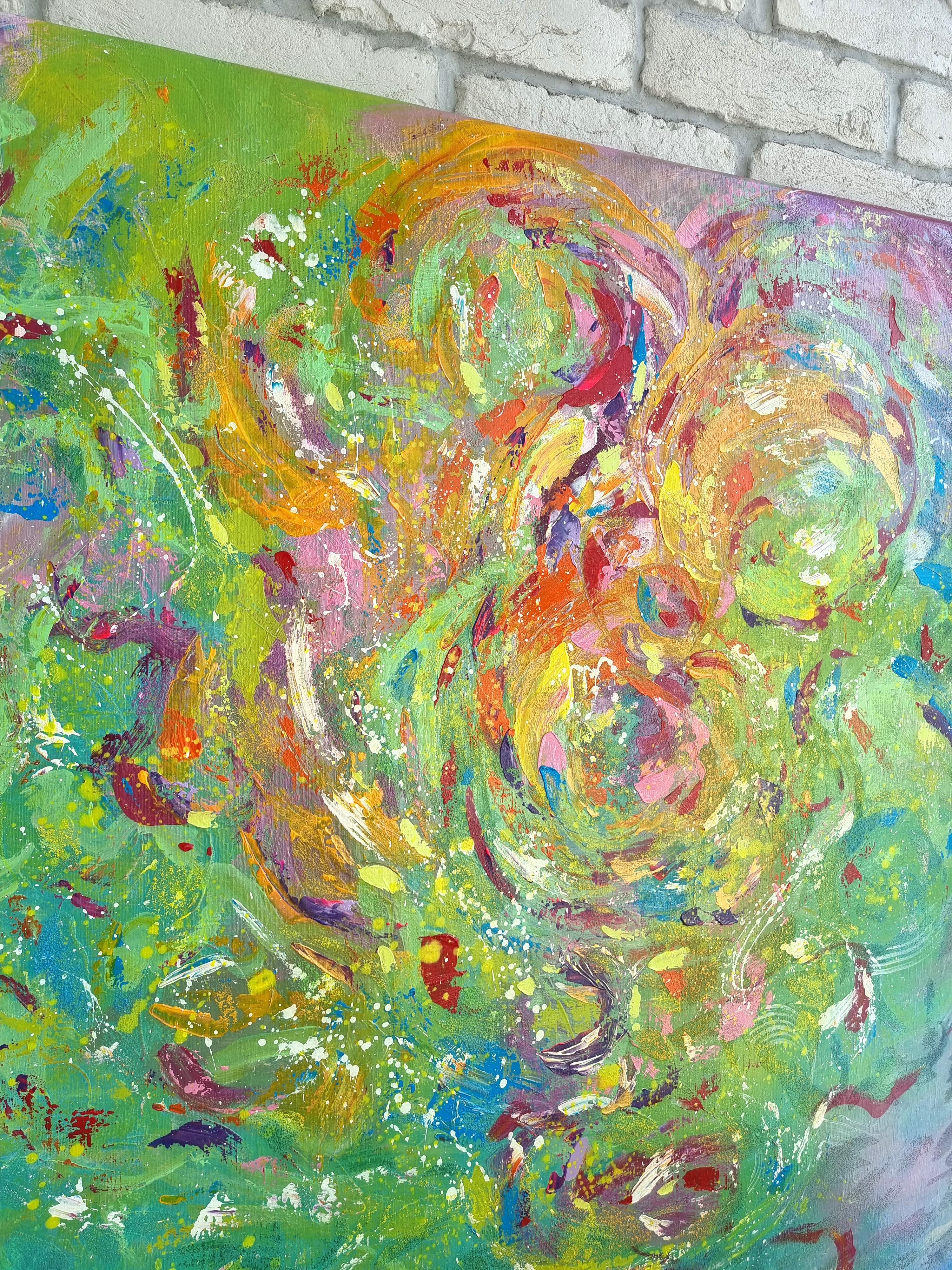 Spring vibes. Modern colorful abstract painting 100x100 cm - Beige Abstract Painting by Anna Selina