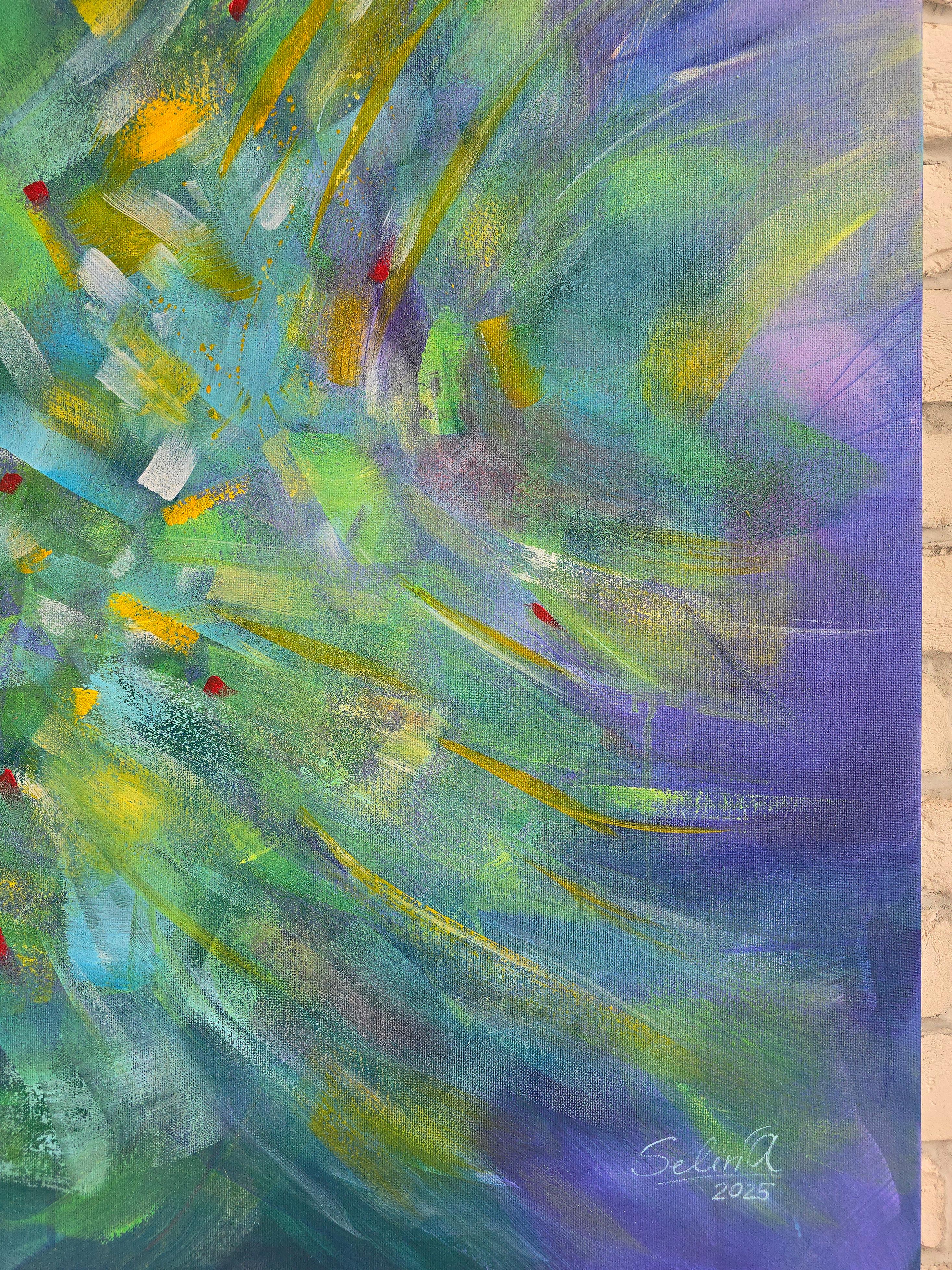 Summer field. Modern colorful abstract painting 100x100 cm - Blue Abstract Painting by Anna Selina