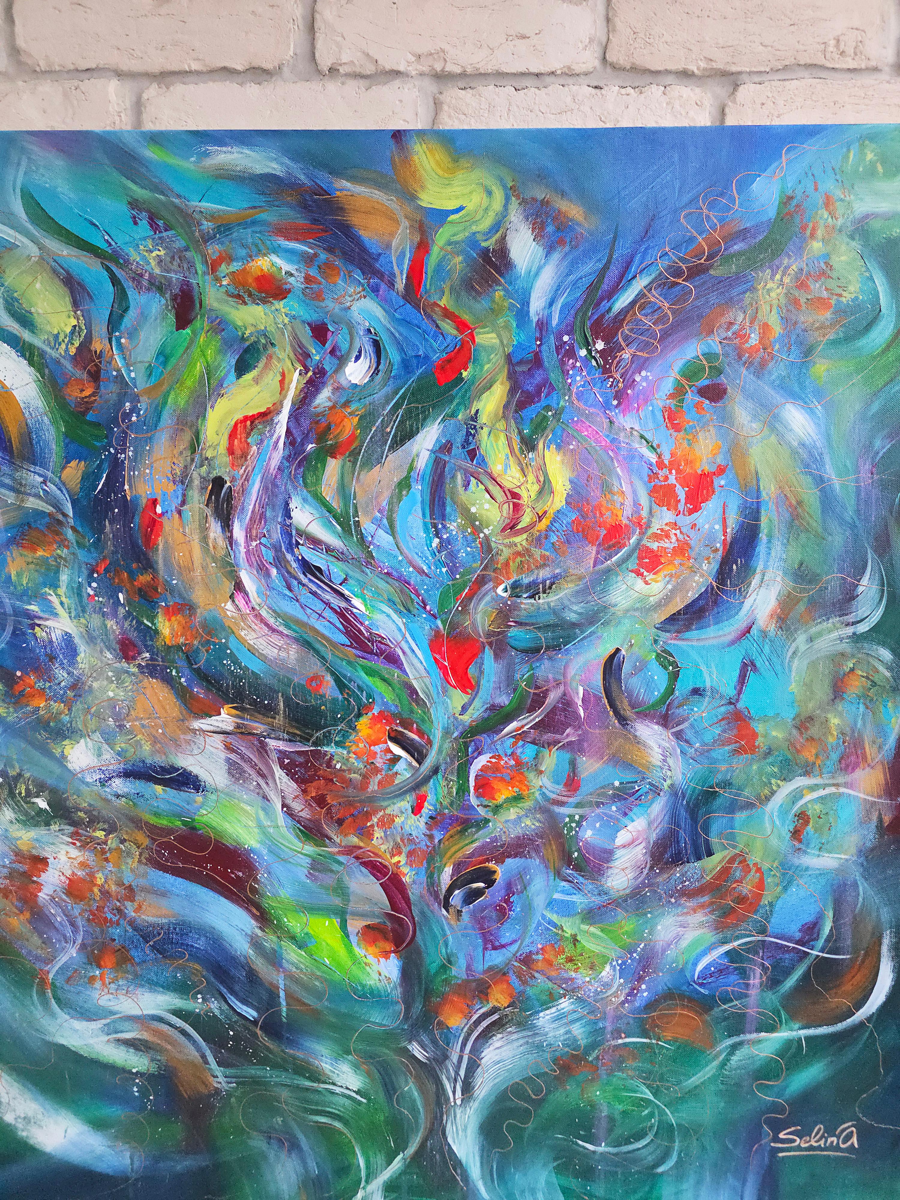 Symphony of colors. Modern colorful abstract painting 100x100 cm - Gray Abstract Painting by Anna Selina