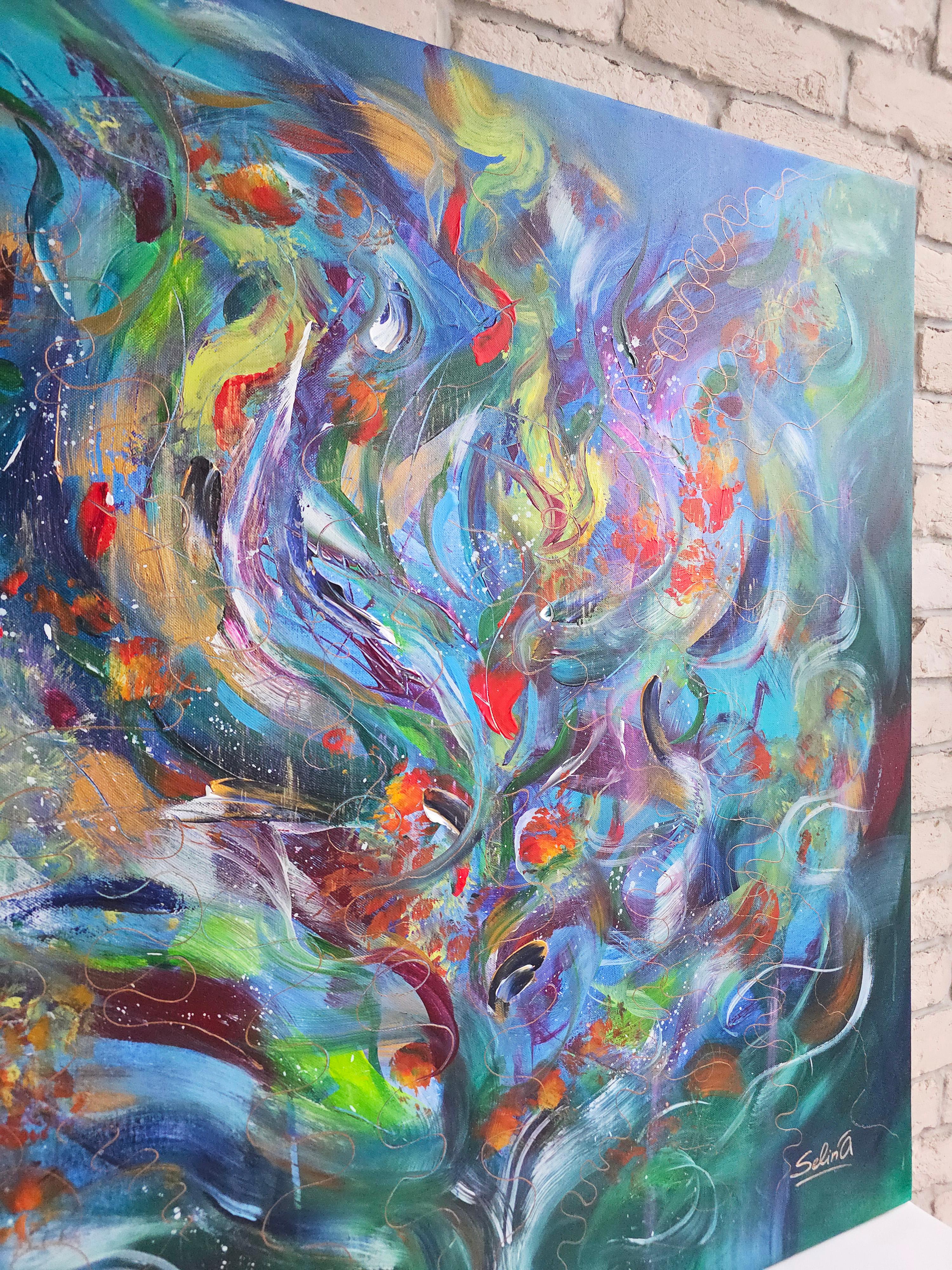 This dynamic artwork explodes with a symphony of colors and fluid forms, evoking a sense of vibrant movement. Intricate swirls of blues, greens, and reds collide and merge, creating a tapestry of energy that seems to pulsate from the canvas. The