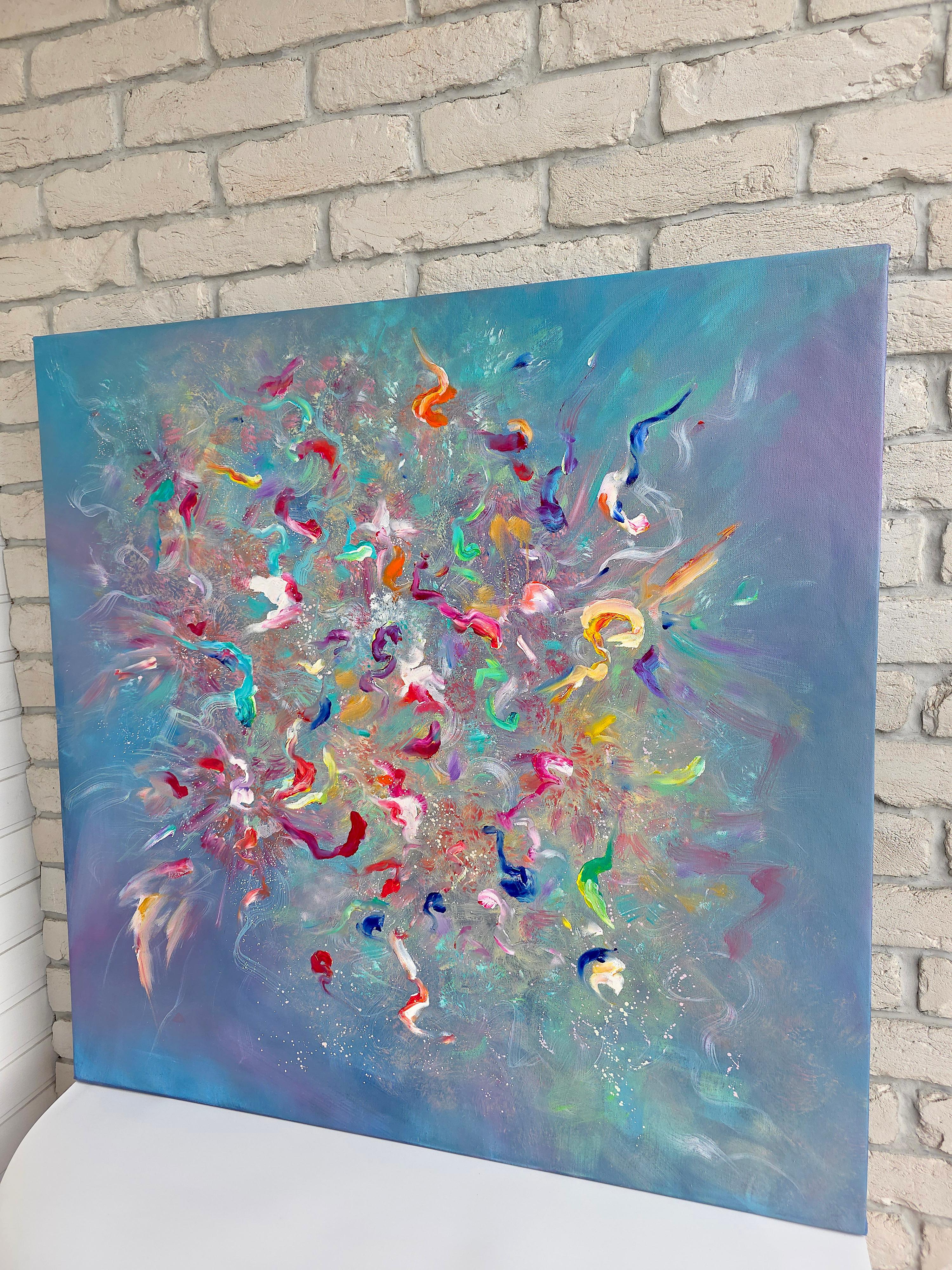 The Alchemy of Letting Go. Modern colorful abstract painting 100x100 cm - Blue Abstract Painting by Anna Selina