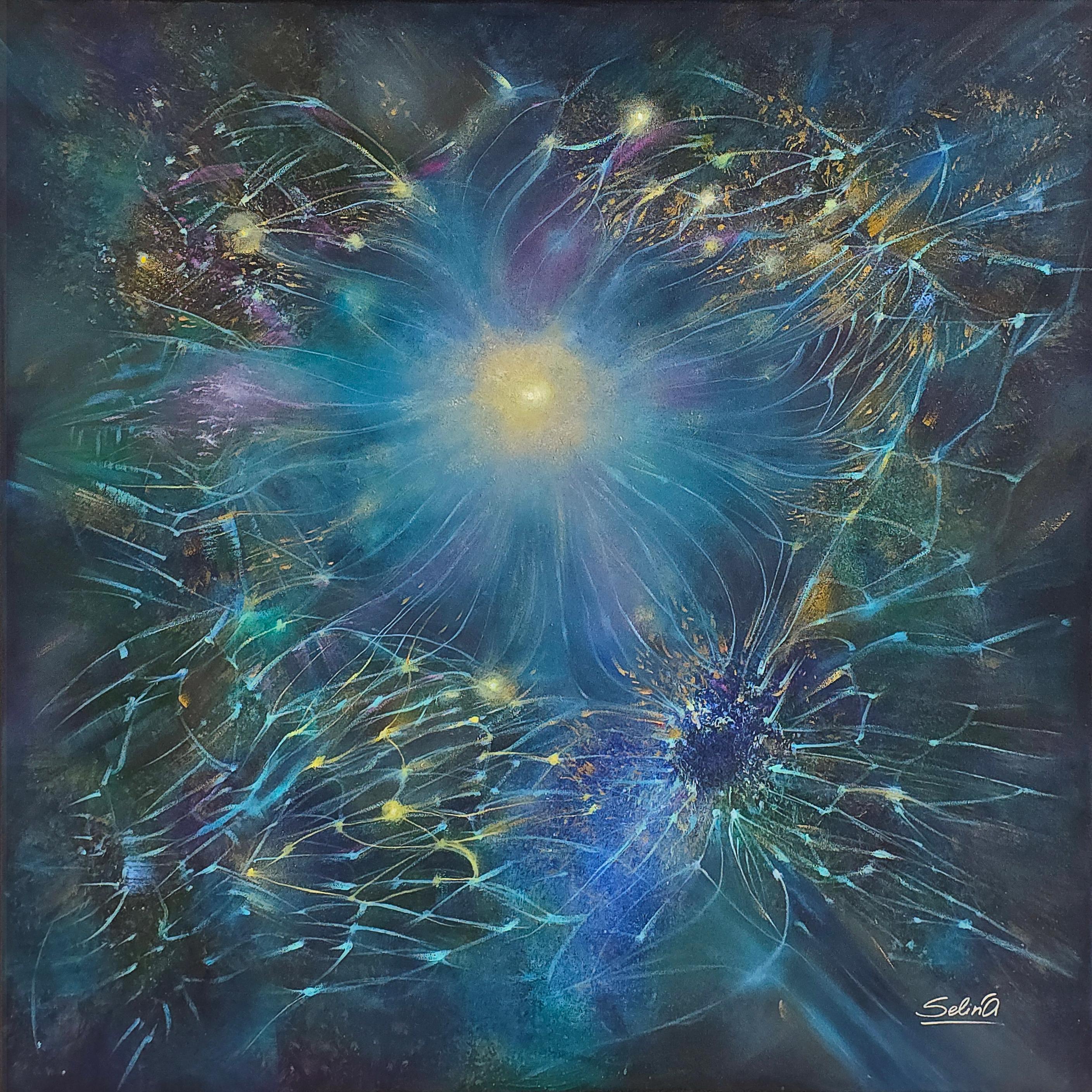 Die Quelle der Resonanz. Moderne bunte abstrakte Malerei 100x100 cm