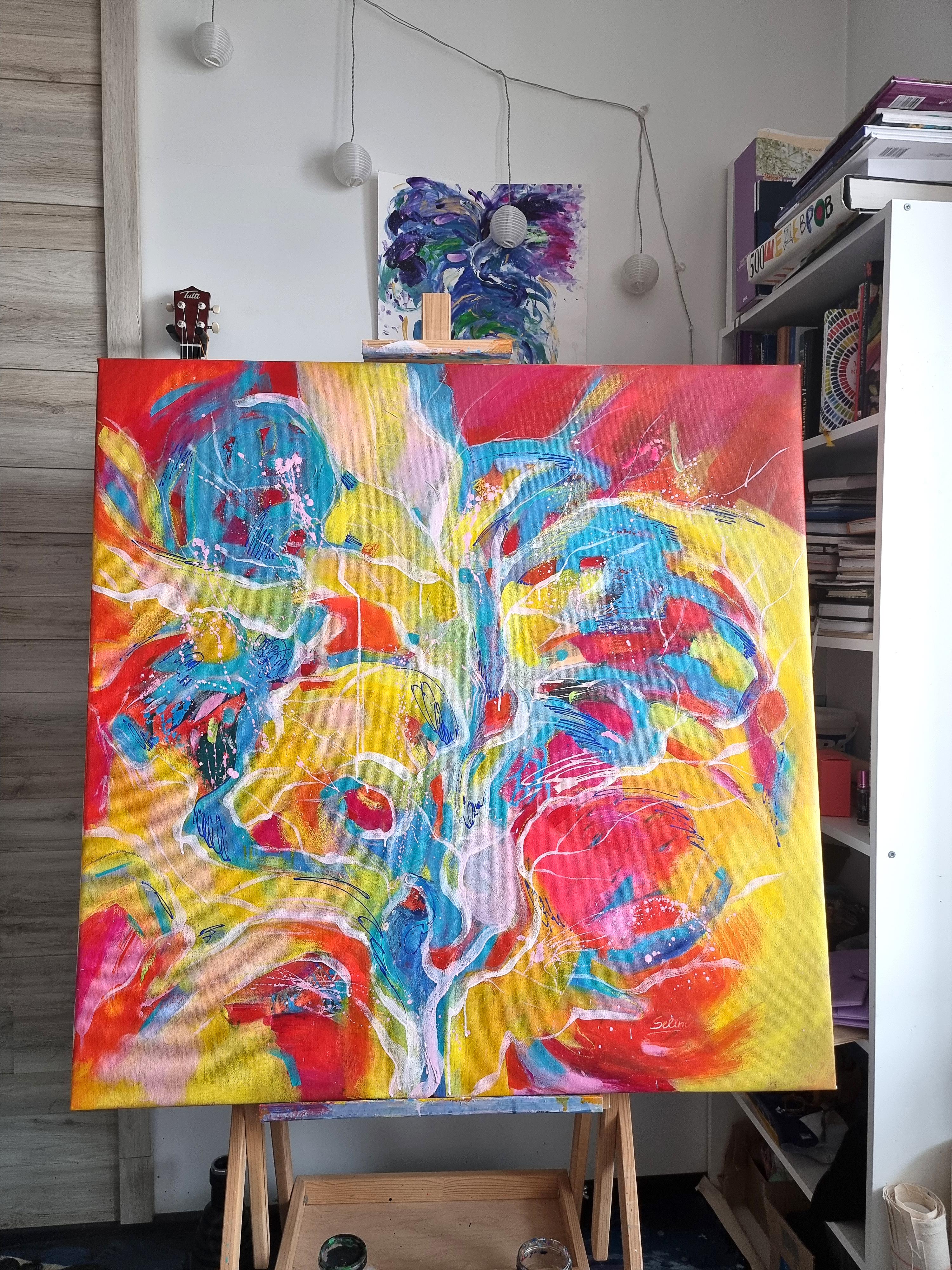 Baum des Lebens. Moderne bunte abstrakte Malerei 100x100 cm – Painting von Anna Selina