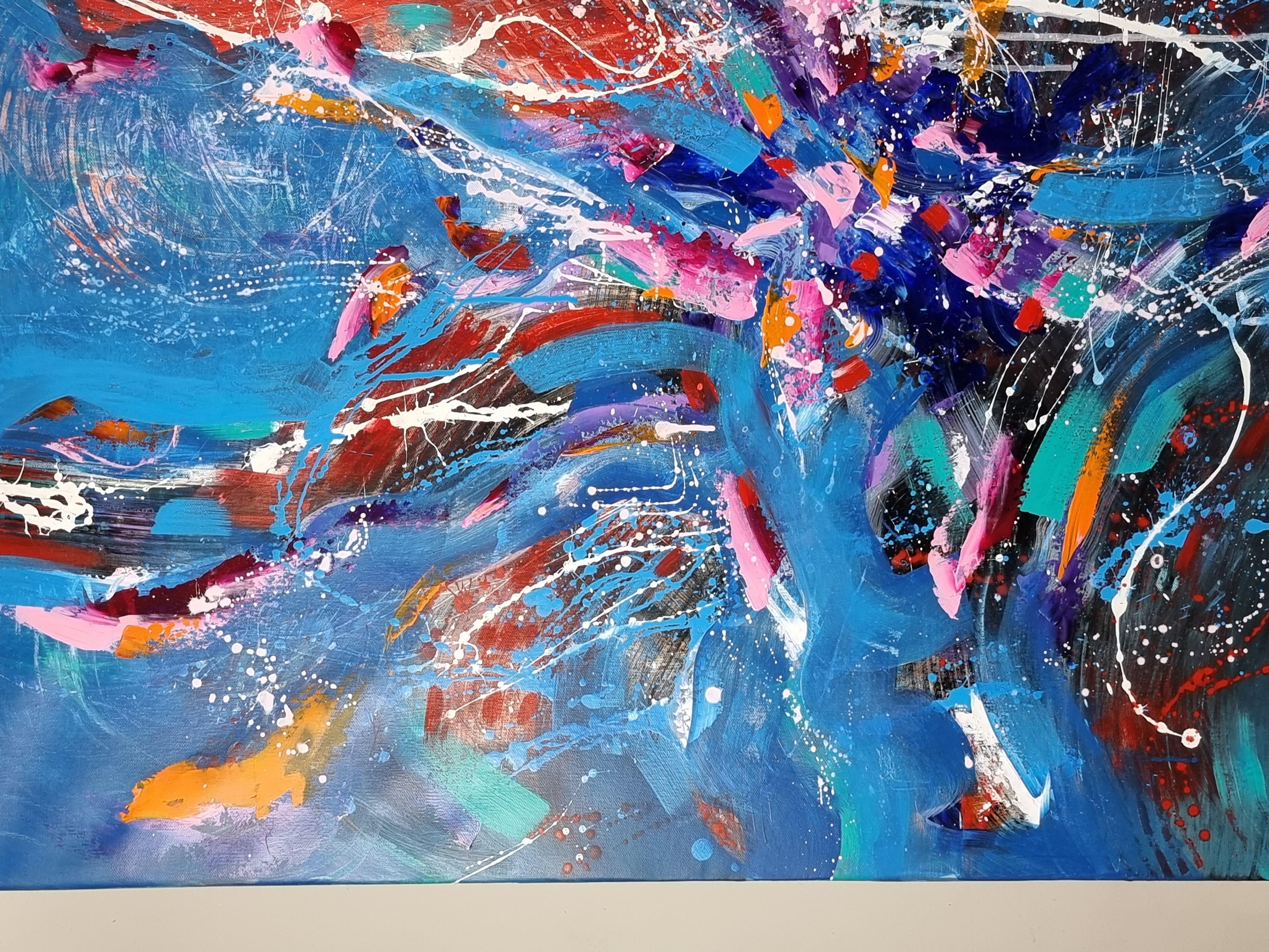 This vibrant artwork is an explosion of color and movement, masterfully crafted upon a captivating blue canvas. The dynamic composition features bold splashes of red, pink, and orange intertwined with lively strokes of green and purple. The artist