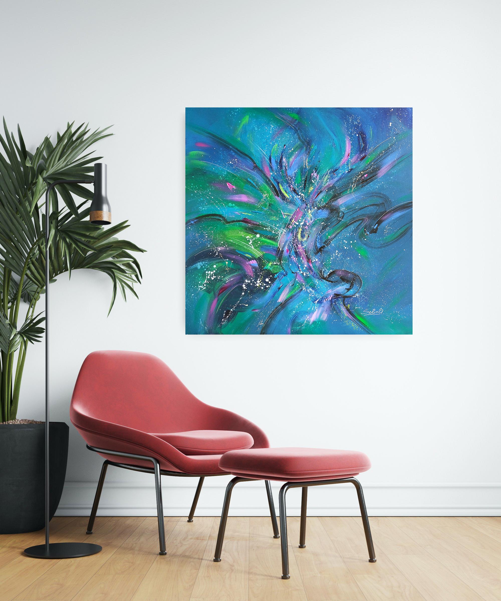 Birds flying high, Modern Colorful Abstract Painting 100x100cm by Anna Selina For Sale 1