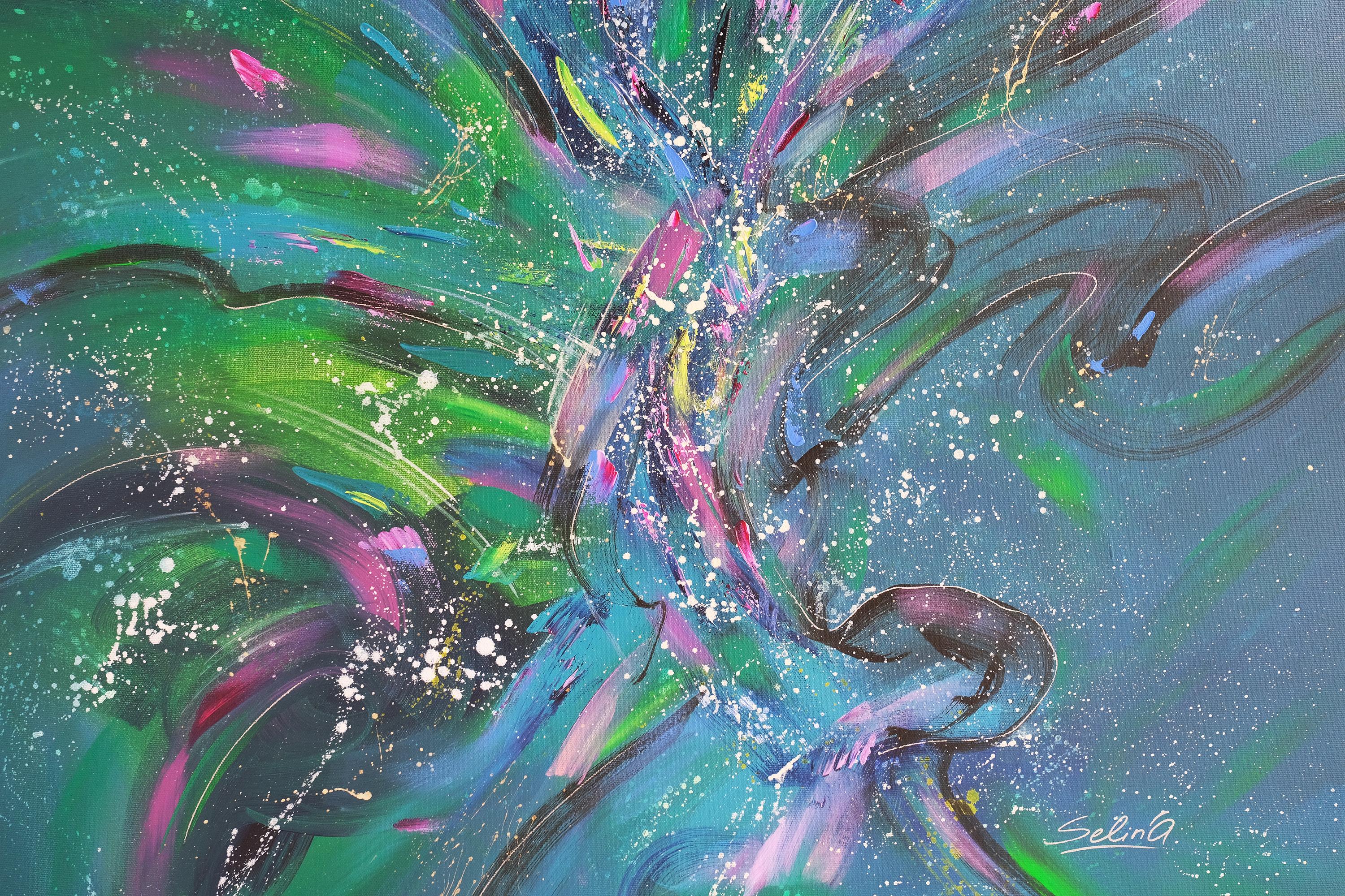 Oiseaux volant haut, peinture abstraite colorée moderne 100x100cm d'Anna Selina en vente 3