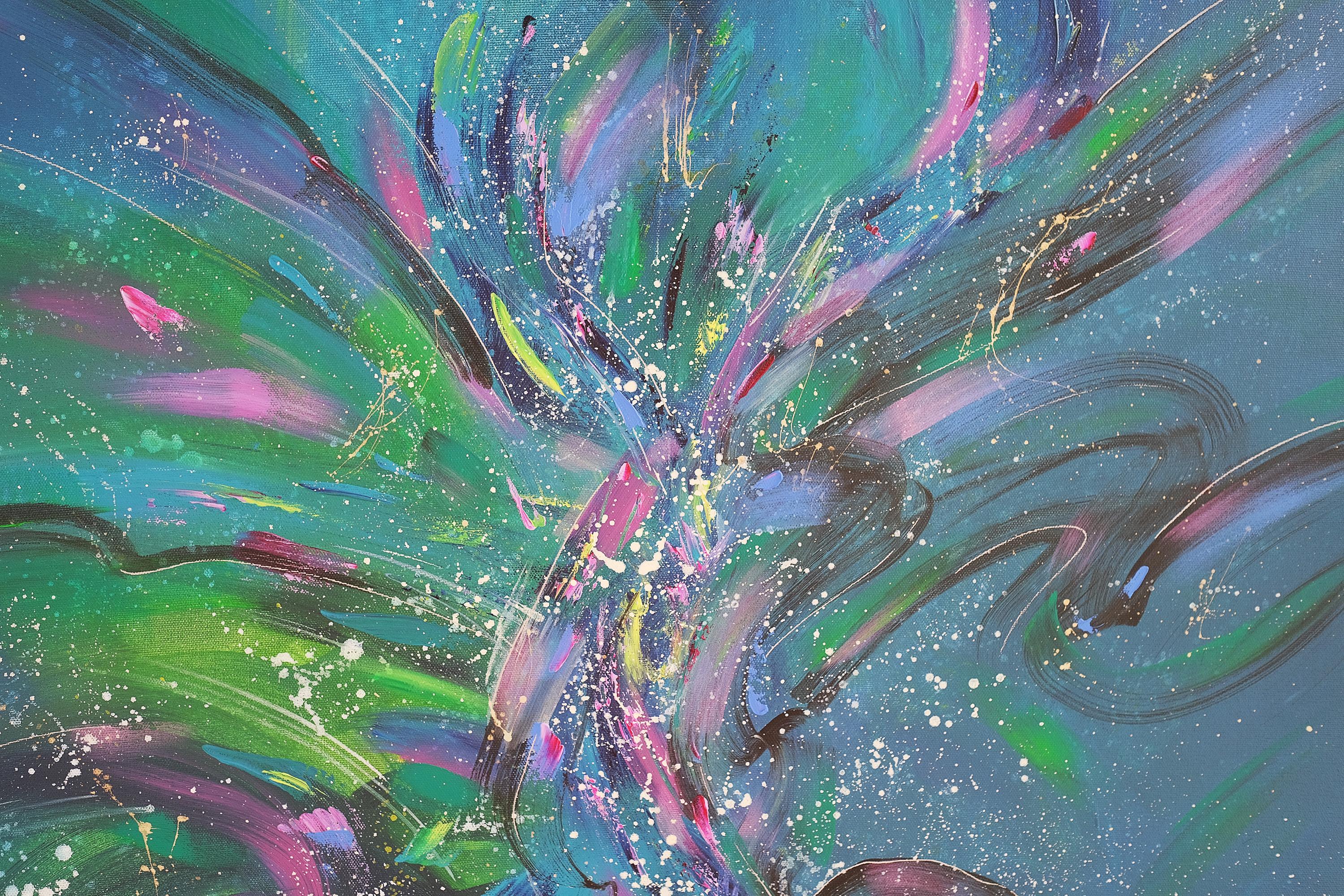 Oiseaux volant haut, peinture abstraite colorée moderne 100x100cm d'Anna Selina en vente 4
