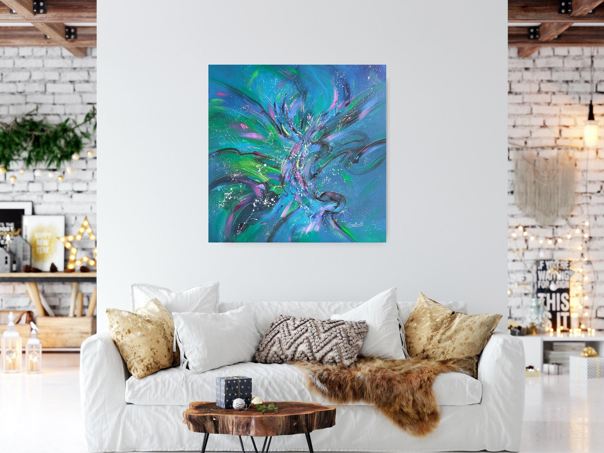 Birds flying high, Modern Colorful Abstract Painting 100x100cm by Anna Selina For Sale 4