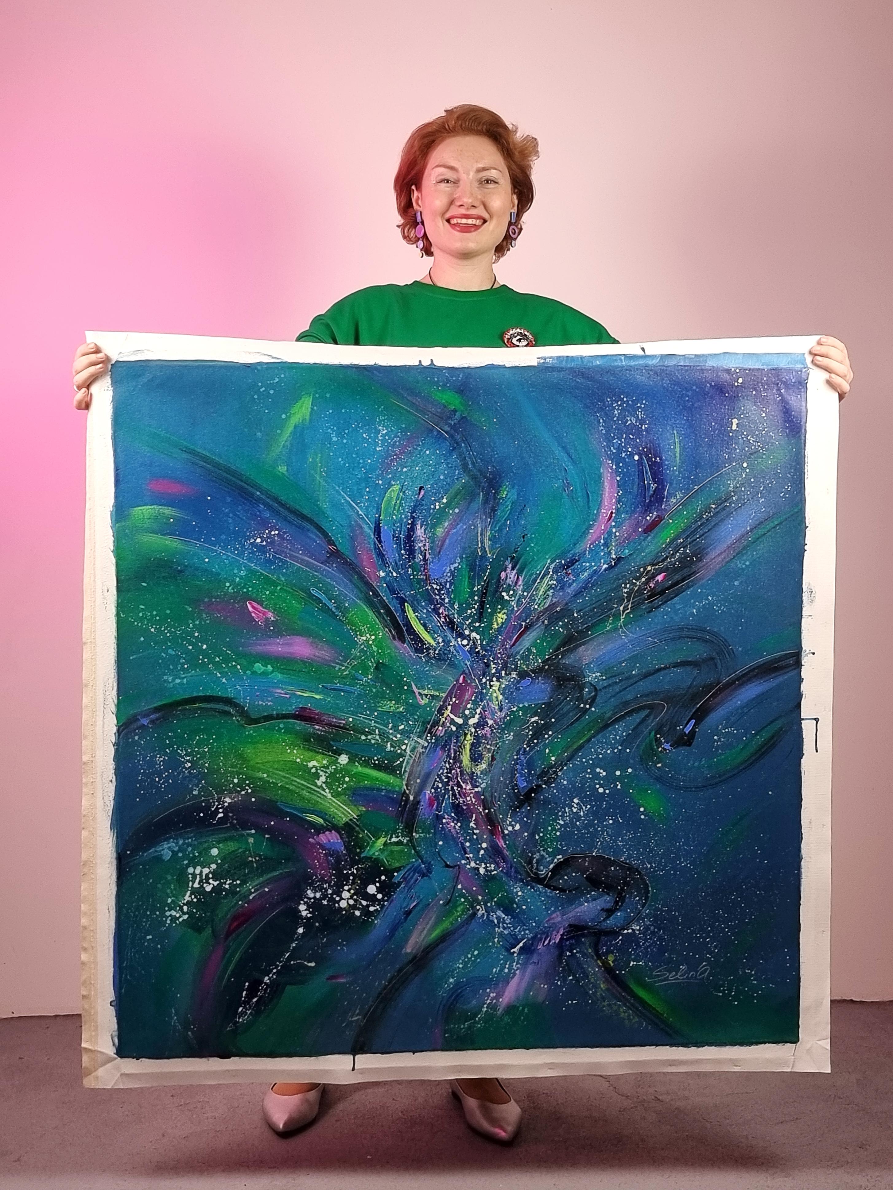 Oiseaux volant haut, peinture abstraite colorée moderne 100x100cm d'Anna Selina en vente 6