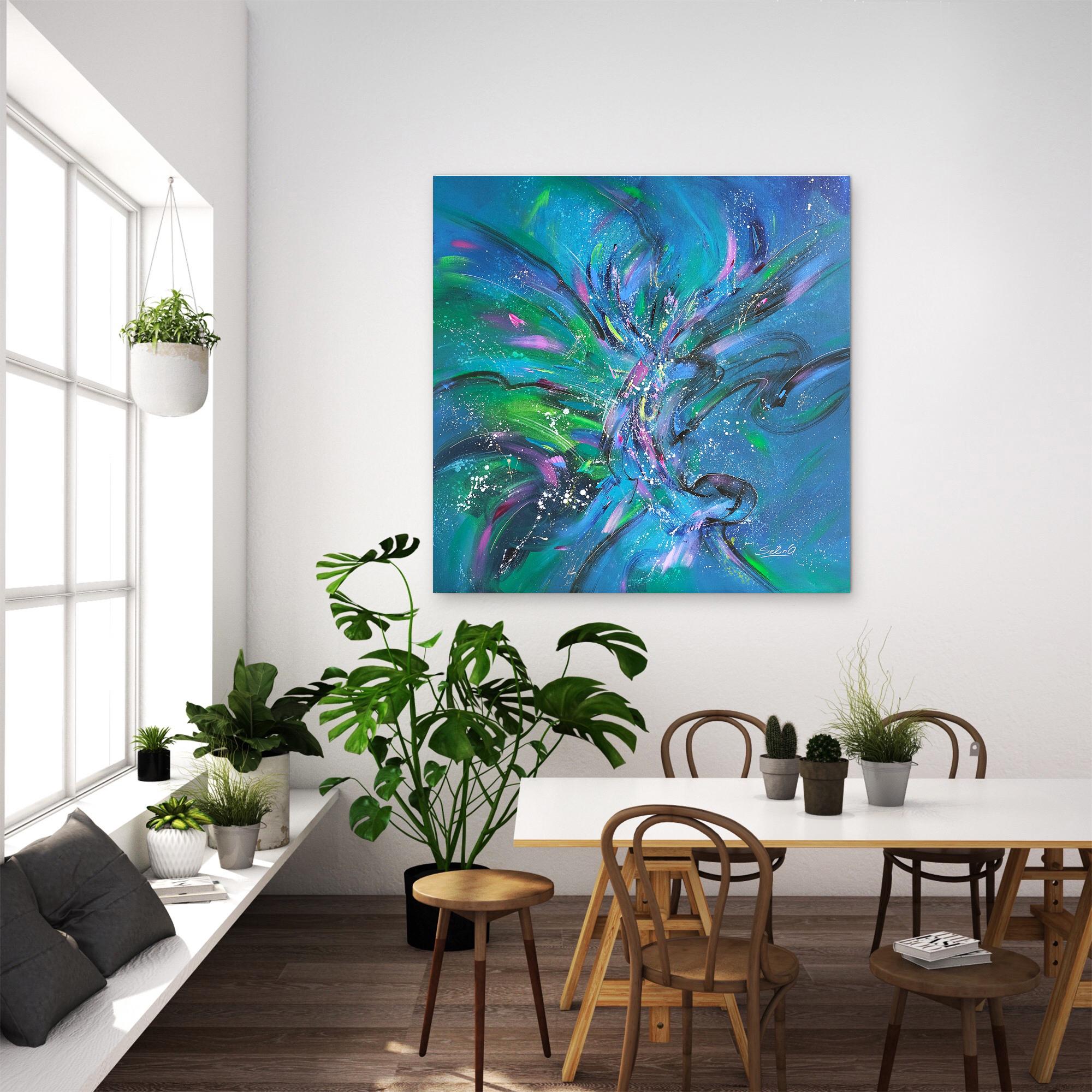 Uccelli che volano in alto, Quadro astratto Modern Color 100x100cm di Anna Selina 1