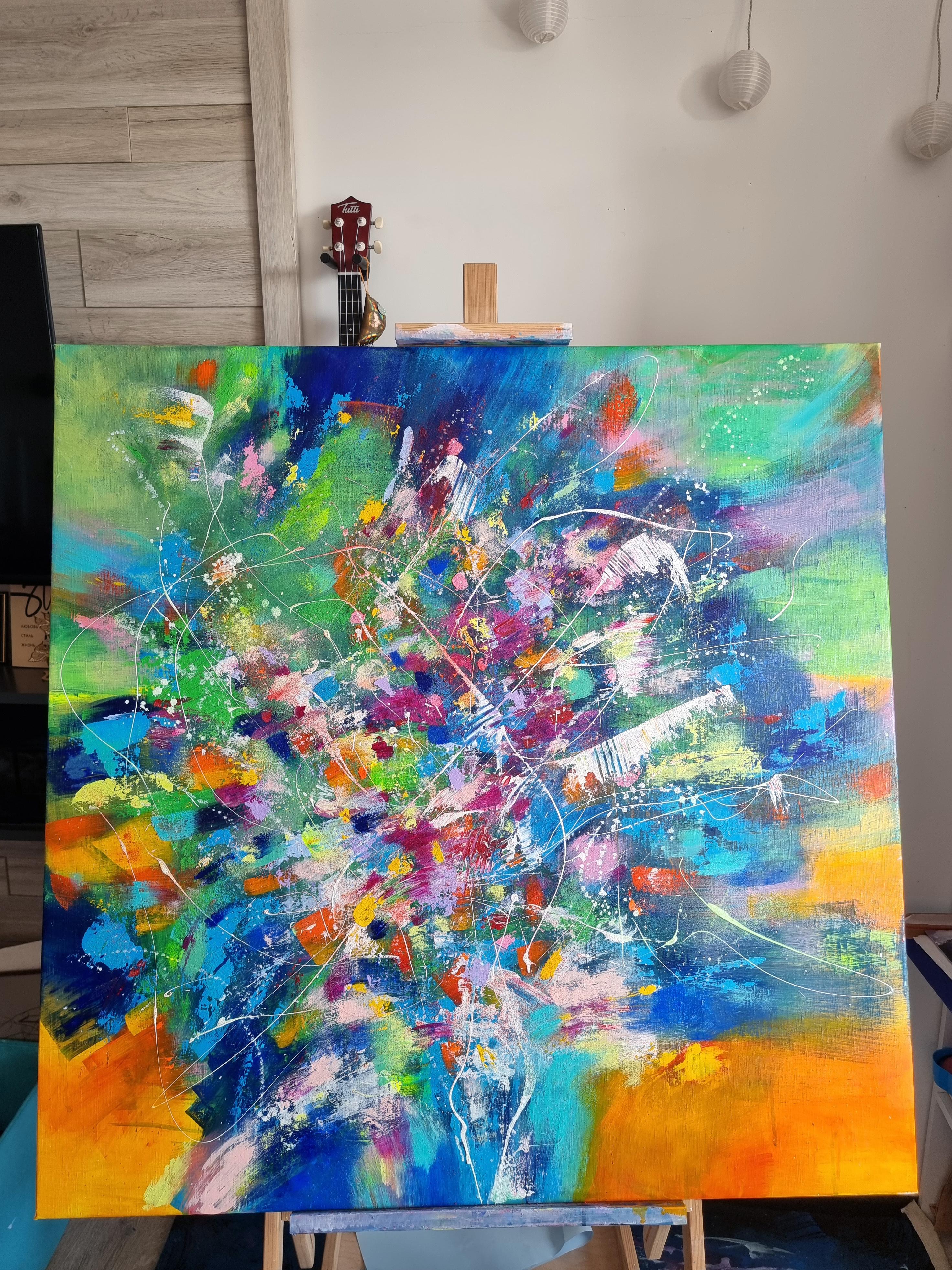 Butterfly effect, Modern Colorful Abstract Painting 100x100cm by Anna Selina 1