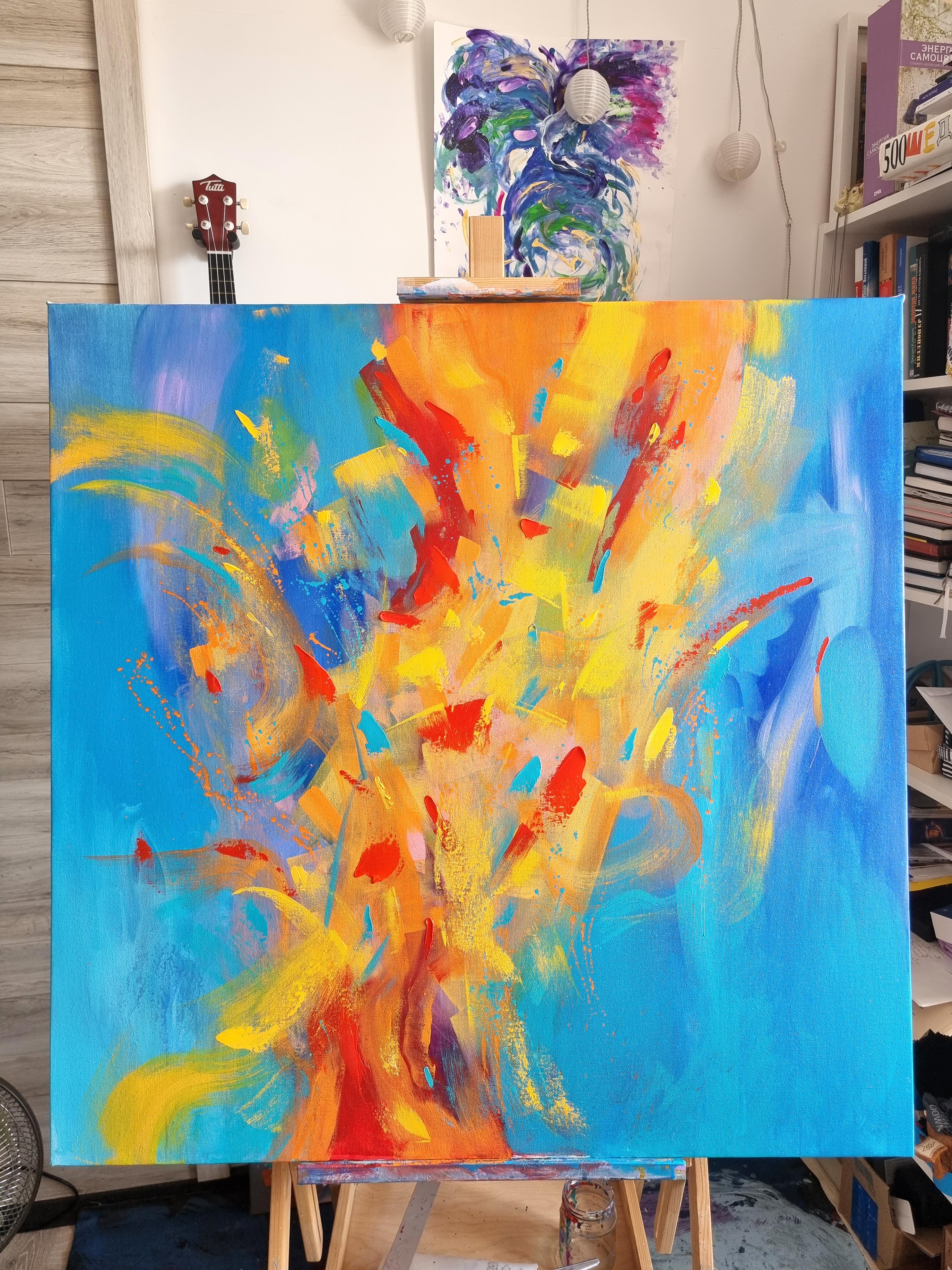 Dance with Life, peinture abstraite colorée moderne 100x100cm d'Anna Selina en vente 1