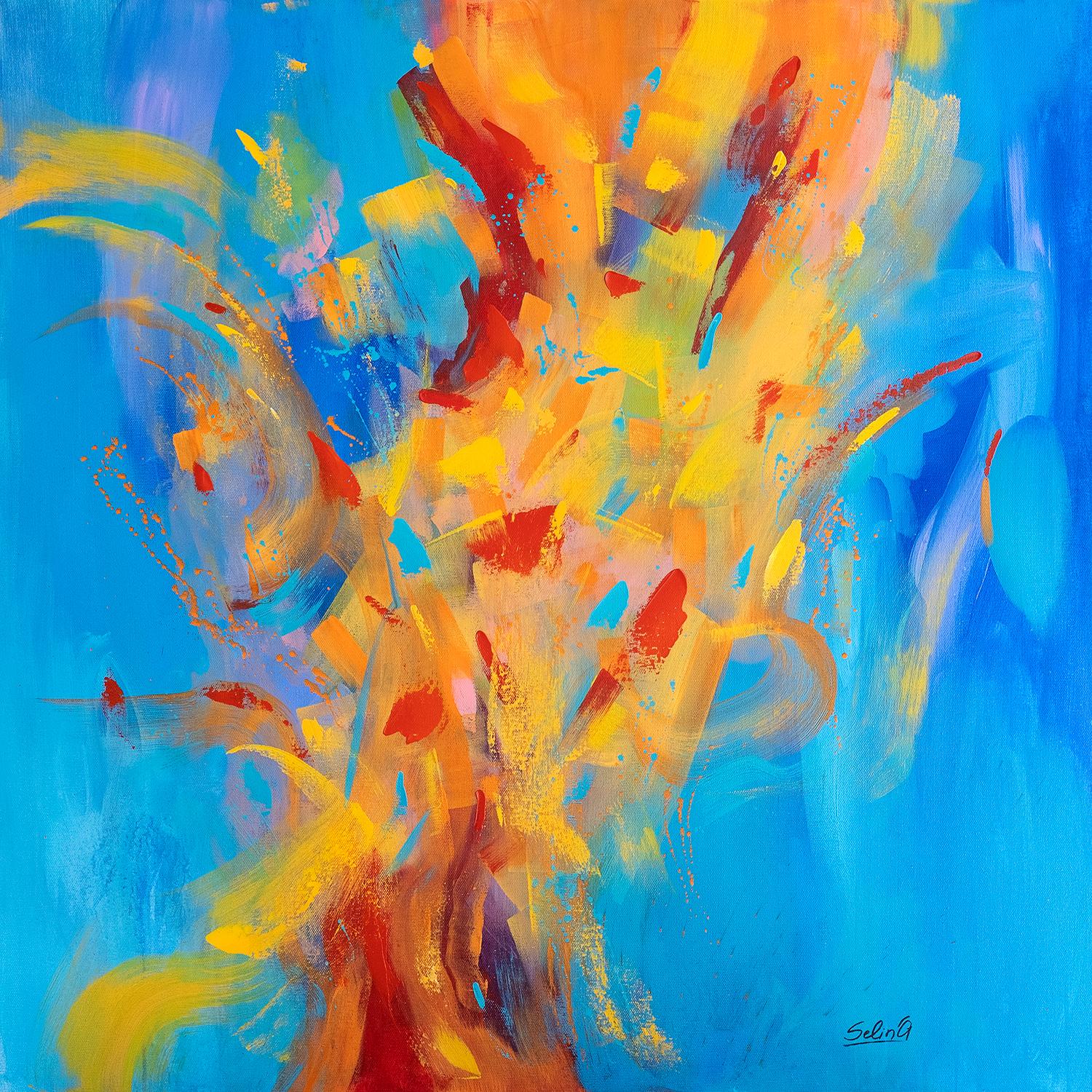 Minimalistic, bright and dynamic painting with contrast colors combination.This artwork is about your inner freedom, when you can enjoy the moment doing what you love, for example dancing like no one is watching.It's about life flow, when everything