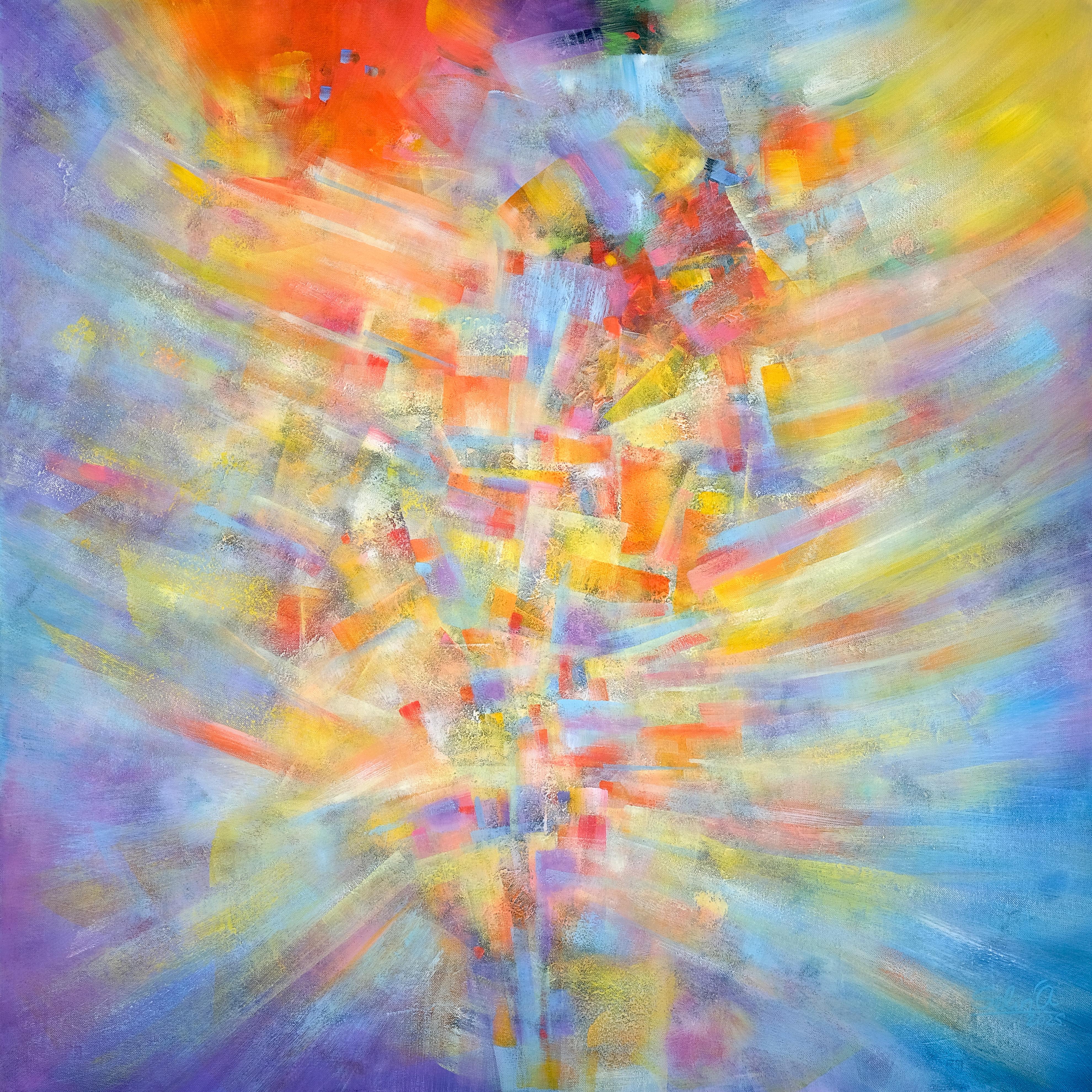 Esta pintura trata de la refulgencia interior. Sientes la luz y tu mente está tan clara y llena de nuevas esperanzas y nuevos comienzos. Los colores vivos dan una sensación de libertad e infancia. Este cuadro es pura energía de alegría y felicidad,