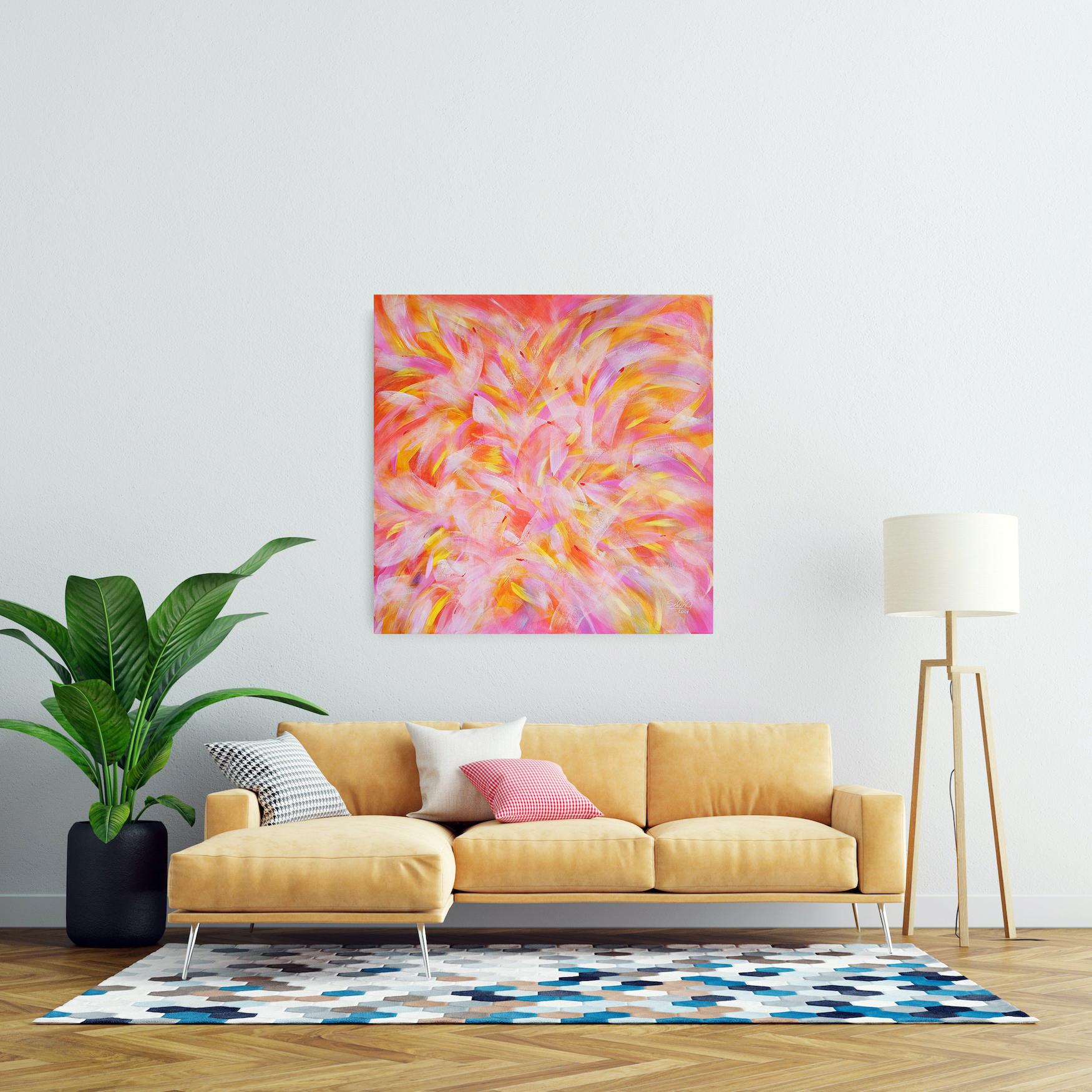 Fire of Life, Modern Colorful Abstract Painting 100x100cm by Anna Selina For Sale 4